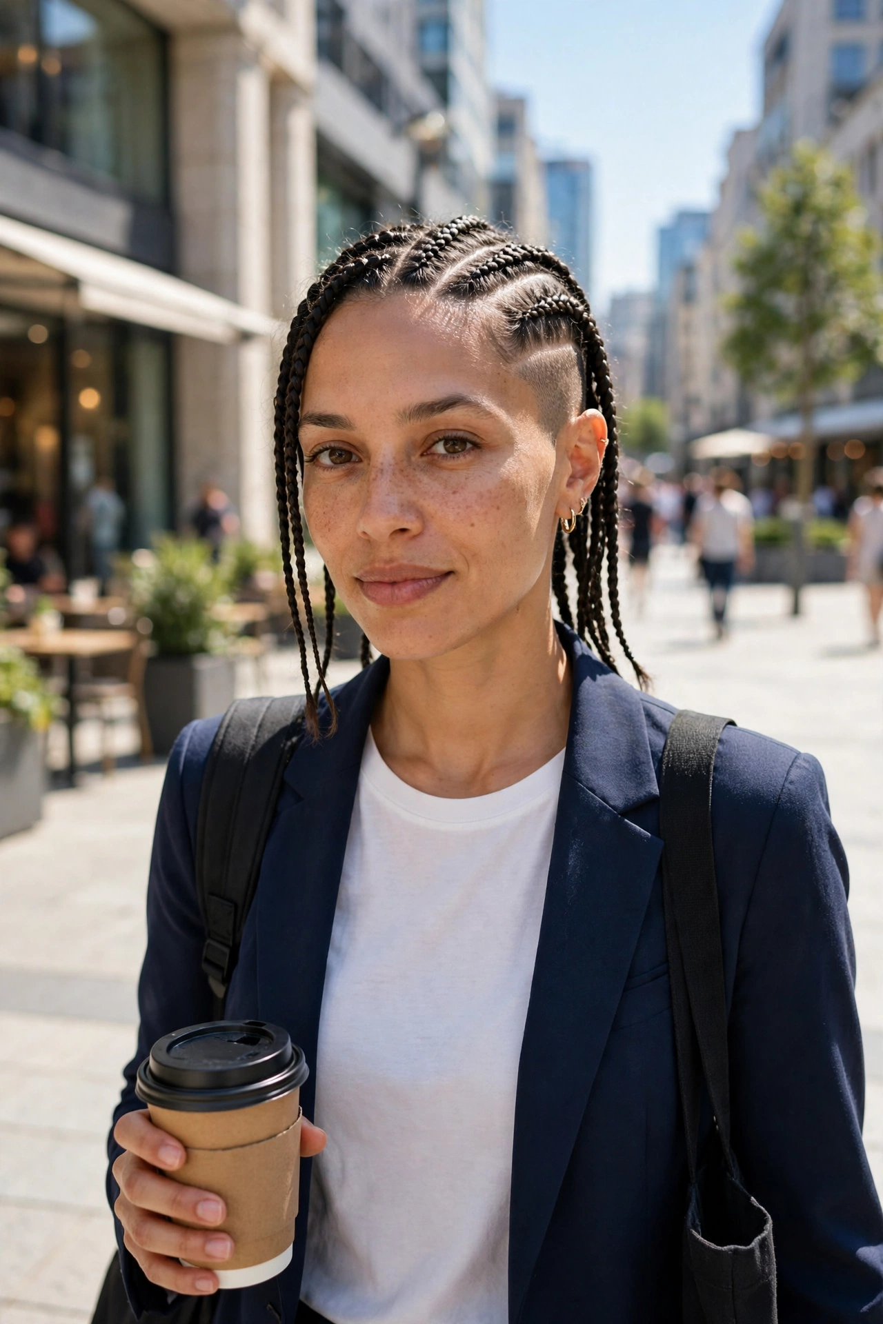 Woman with slim braids and a clean undercut panel behind one ear, walking through a bright city plaza on her way to work, photographed from the front in a clean bright style.