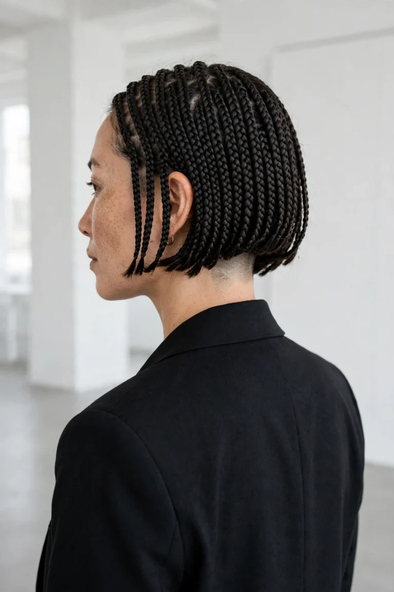 A woman with a chin-length braided bob and a closely cut undercut visible at the nape, standing in a bright modern studio with white walls, wearing a black blazer, photographed from a three-quarter back angle, clean bright style.