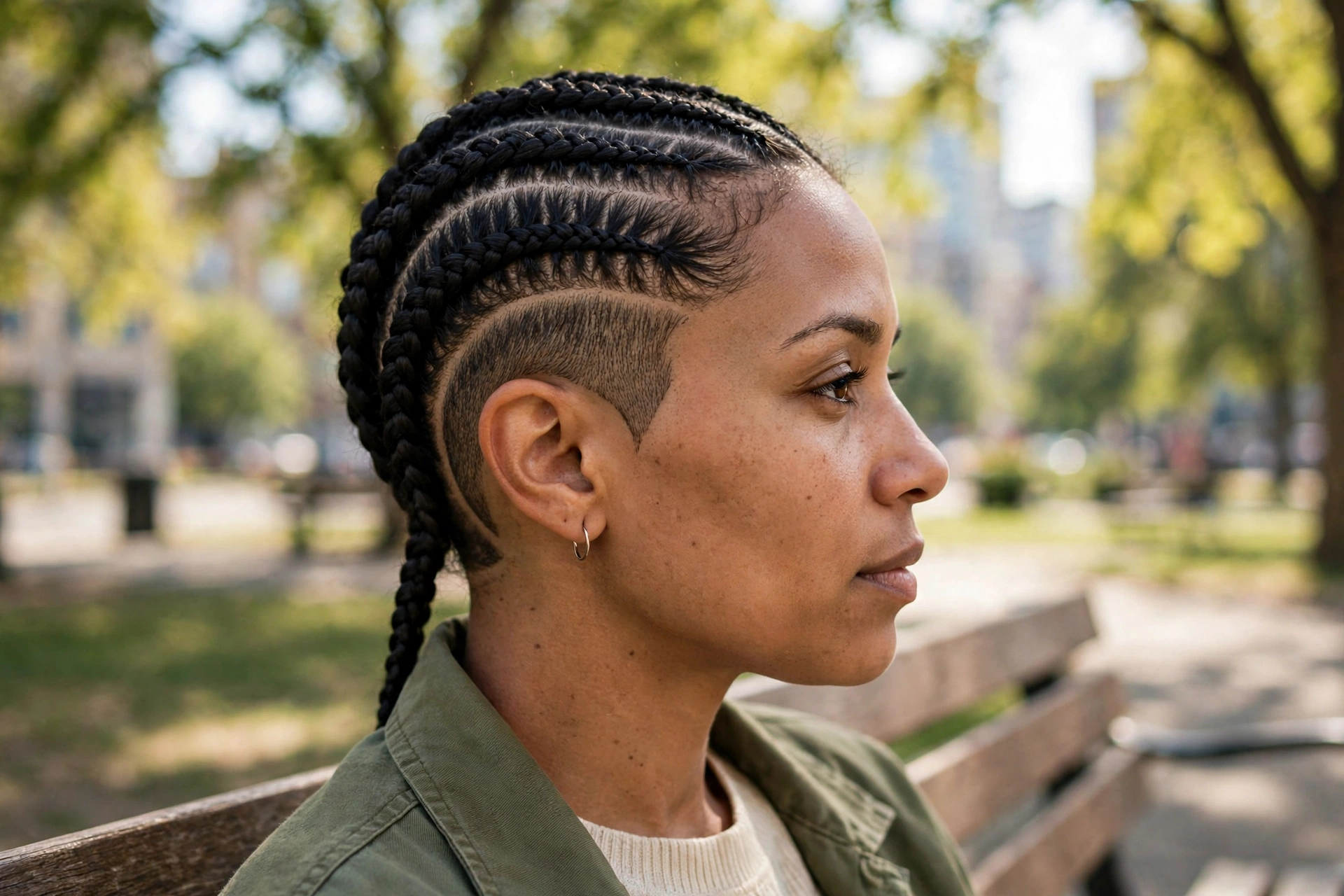 A woman with neat stitch braids on top and a curved undercut behind one ear, sitting outdoors in a sunny urban park, soft daylight, photographed from the side, clean bright style.