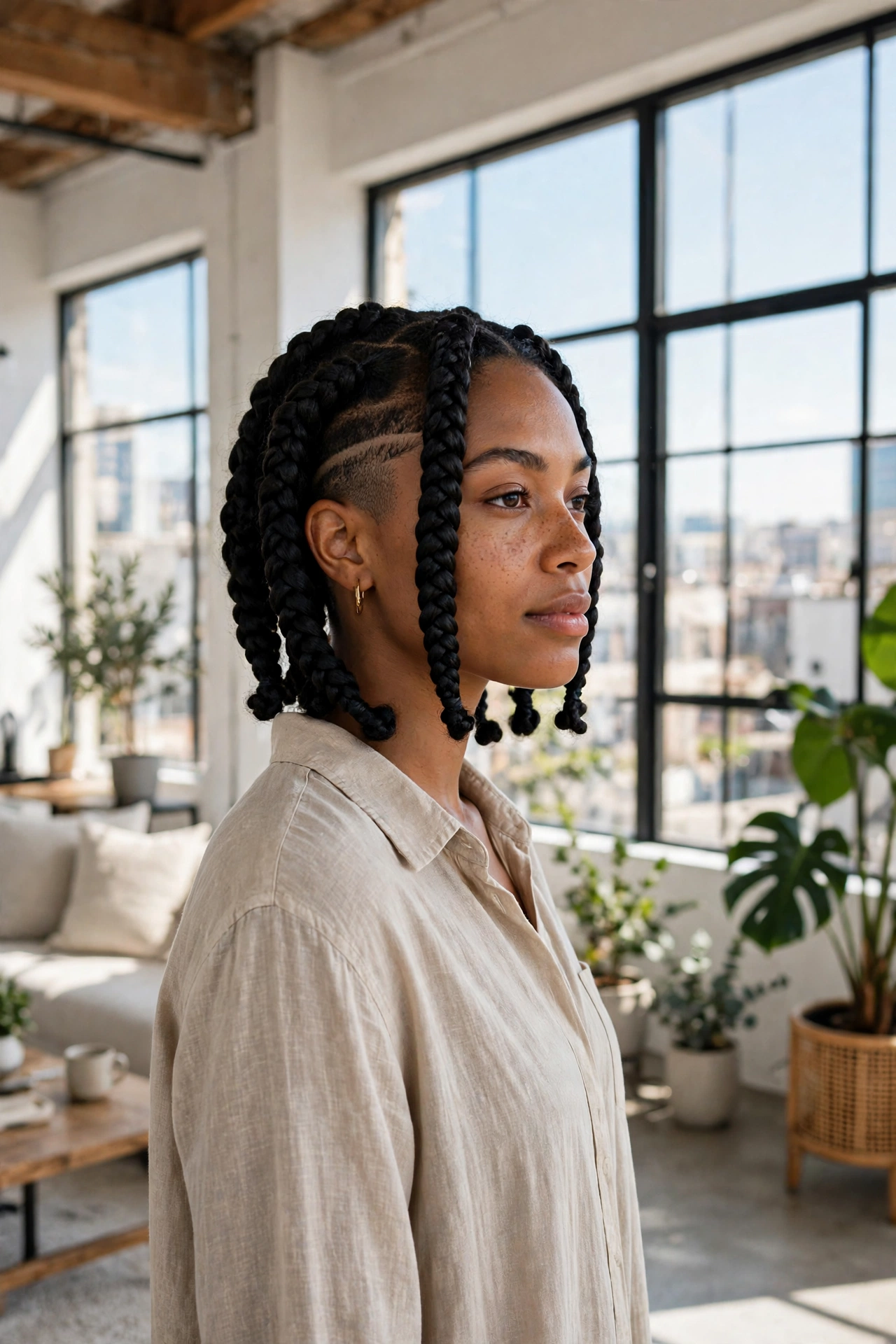 A woman with chunky knotless braids falling to her jaw over a short undercut, standing in a bright loft with large windows, photographed from a three-quarter front angle, clean bright style.