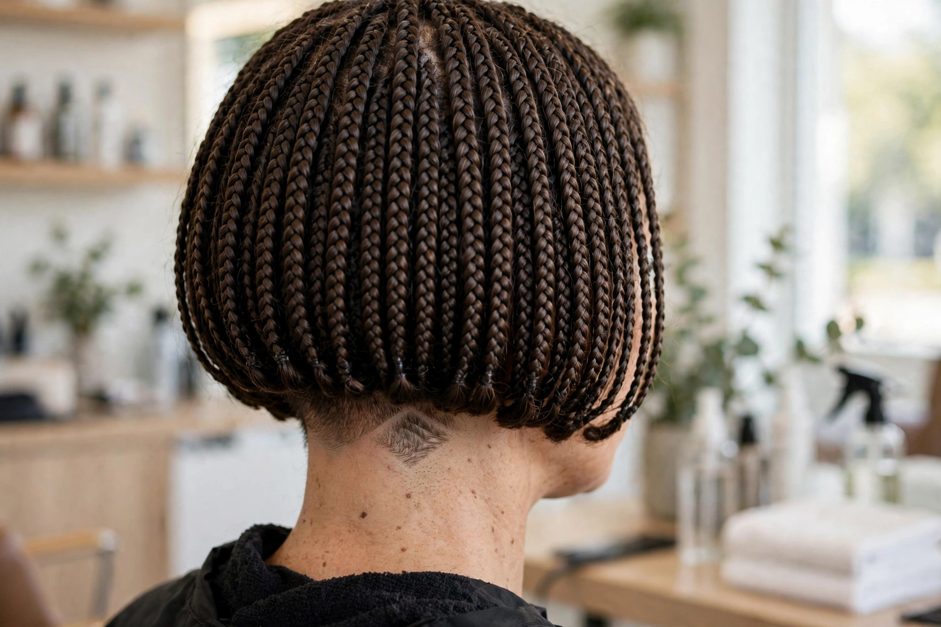 A close-up of a woman with a braided bob and a small diamond-shaped shaved detail in the undercut, in a bright salon setting, soft natural light, photographed from behind, clean bright style.