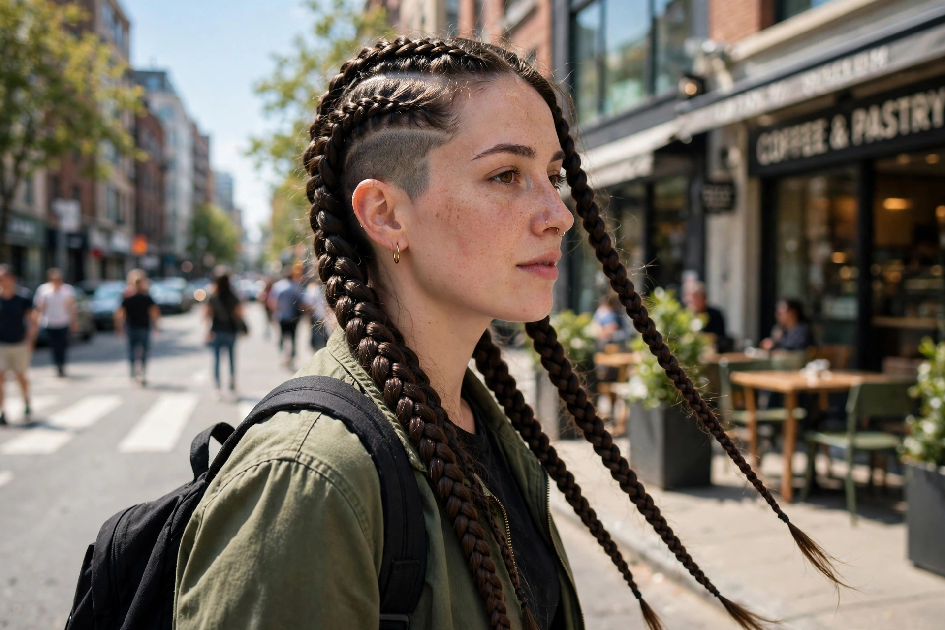 A woman with sideways-swept braids and a visible undercut on one side, walking on a bright city street in daylight, photographed from a three-quarter side angle, clean bright style.