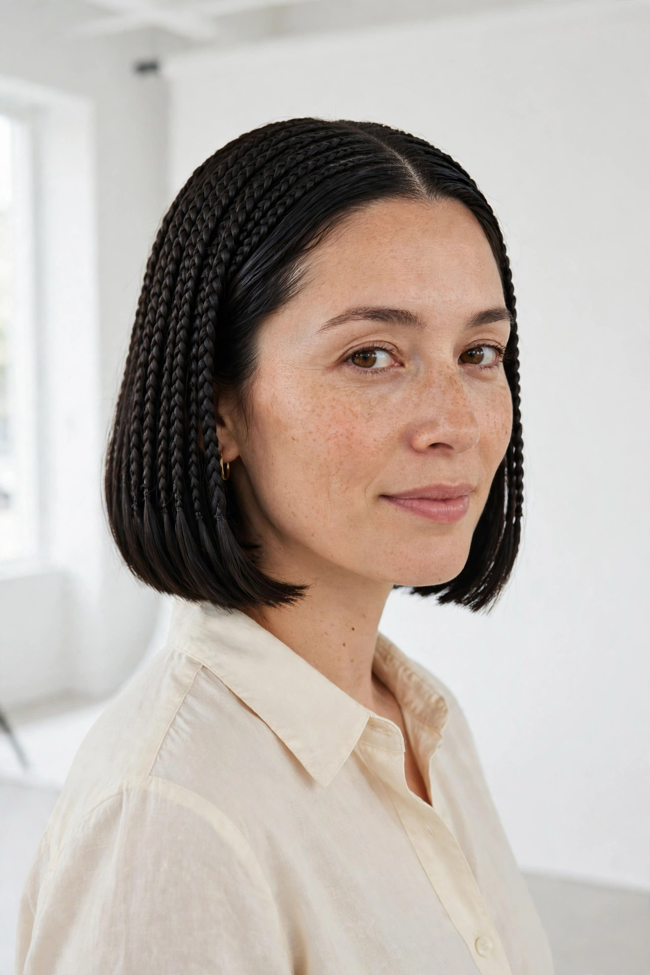 A woman with a glossy, chin-length braided bob with slicked roots and a blunt even edge, standing in a bright modern studio with white walls, wearing a cream blouse, photographed from a three-quarter front angle, clean bright style.