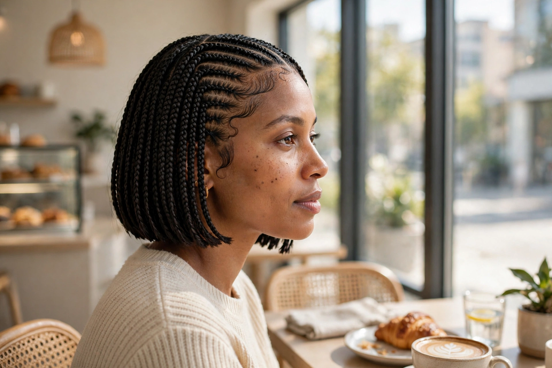 A woman with a sleek braided bob with a straight center part and laid edges, sitting in a sunny cafe by a window, soft natural daylight, photographed from the side, clean bright style.