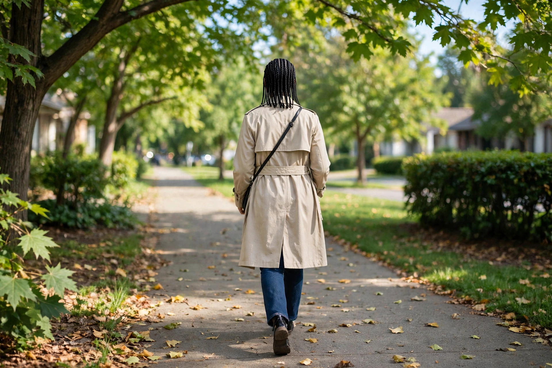 A woman with thin uniform glossy braids falling to her jaw, walking outdoors on a leafy sidewalk in daylight, photographed from behind at a slight angle, clean bright style.