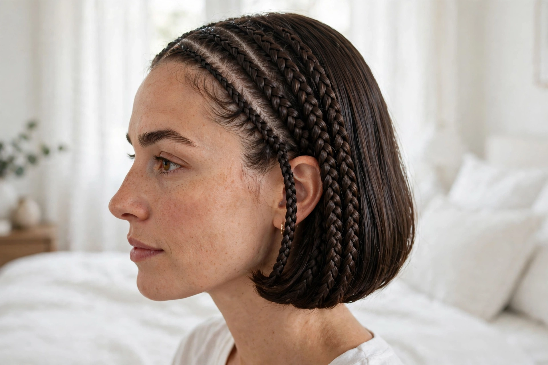 A close-up of a woman with a sleek braided bob and a single fine stitch braid along the part, in a bright bedroom with white bedding, soft window light, photographed from a close side angle, clean bright style.
