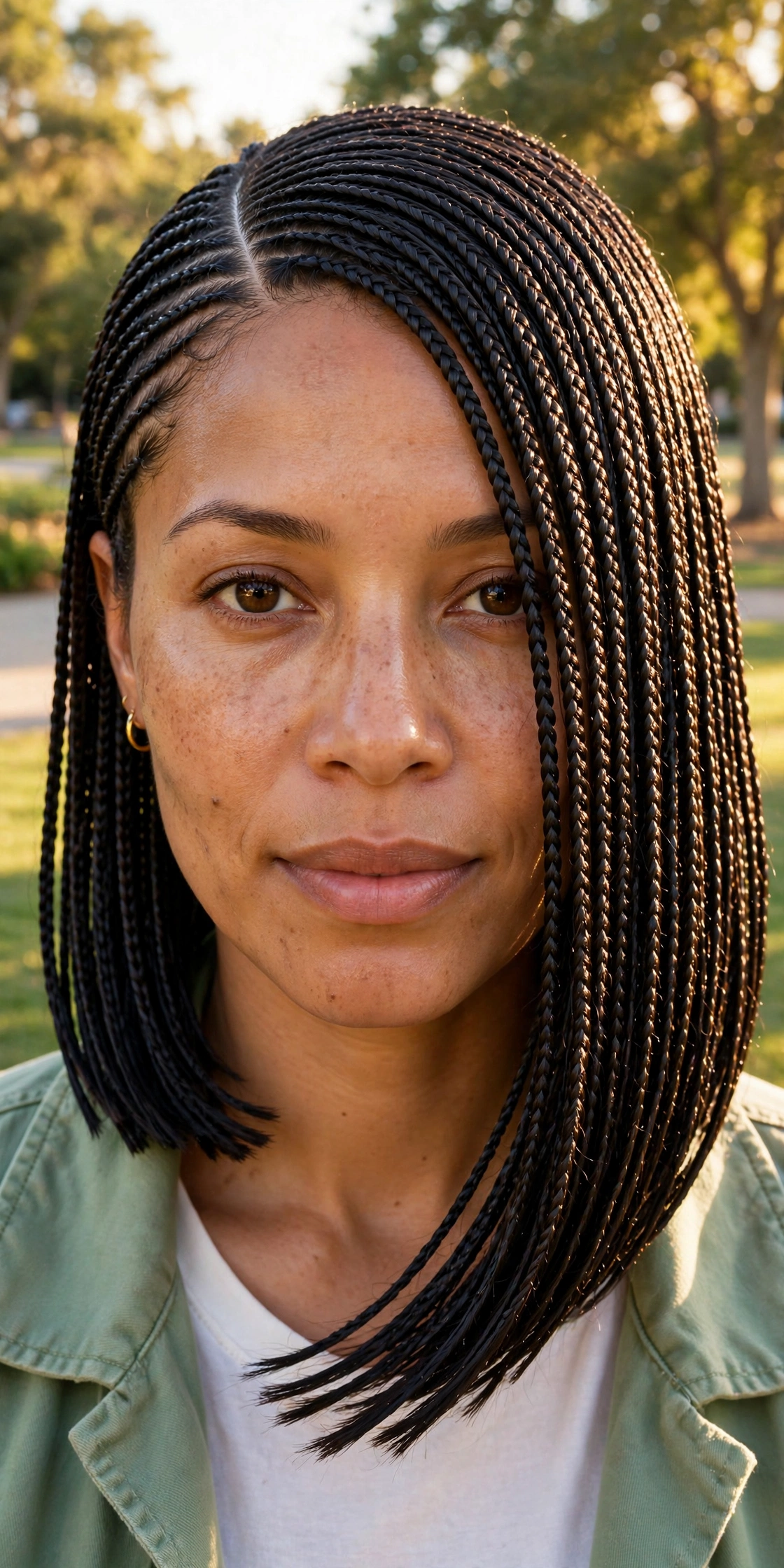 A woman with a fully braided bob swept to one side with a deep side part, standing in a bright park in golden afternoon light, photographed from the front, clean bright style.
