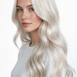 A woman with long, sleek platinum blonde hair in soft waves, standing in a bright studio with a white background, photographed from a three-quarter angle so the bright, icy colour and shine are clearly visible, wearing a simple light grey top, with clean, even lighting.