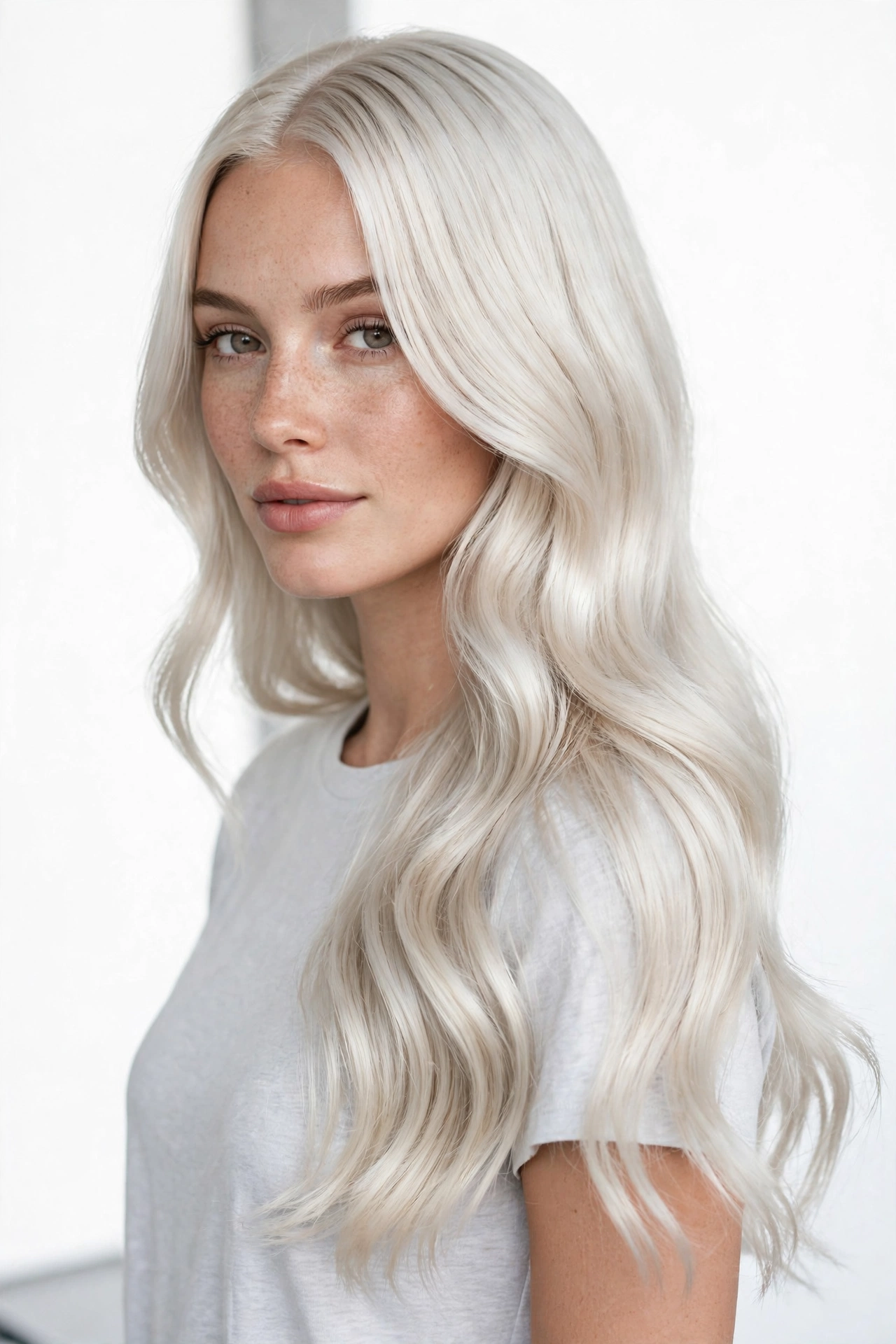 A woman with long, sleek platinum blonde hair in soft waves, standing in a bright studio with a white background, photographed from a three-quarter angle so the bright, icy colour and shine are clearly visible, wearing a simple light grey top, with clean, even lighting.