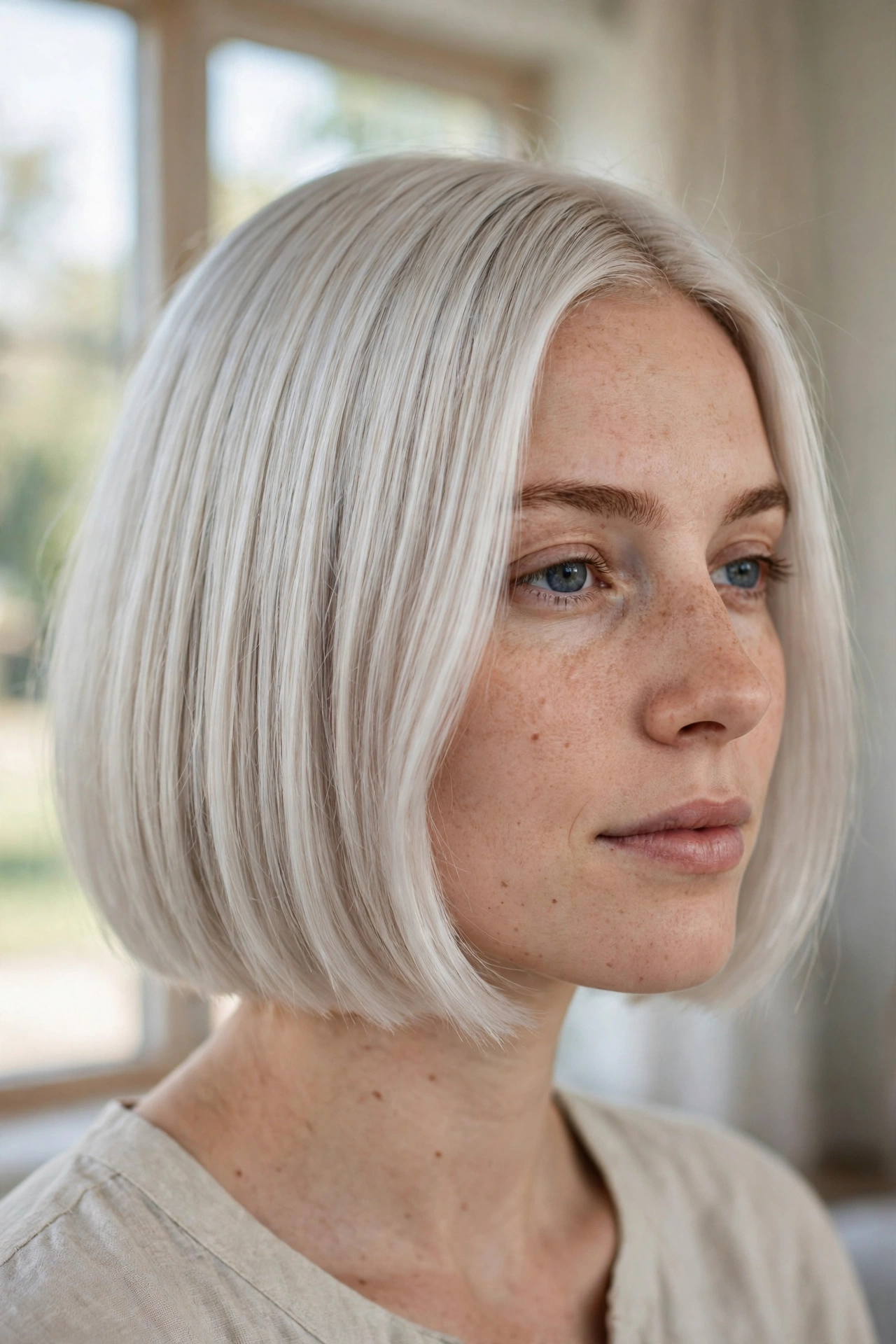 Close-up portrait of a woman with a chin-length frosted platinum bob, smooth and blunt-cut, photographed indoors in soft daylight near a large window, with the cool pale colour in sharp focus.