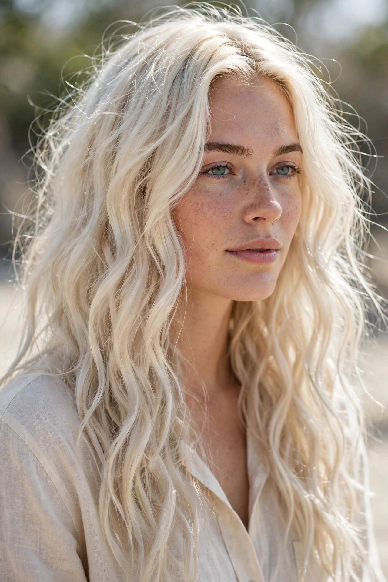 A woman with long platinum beach waves, photographed outdoors on a bright day with a softly blurred neutral background, showing the tousled texture and light-catching shine of the waves.