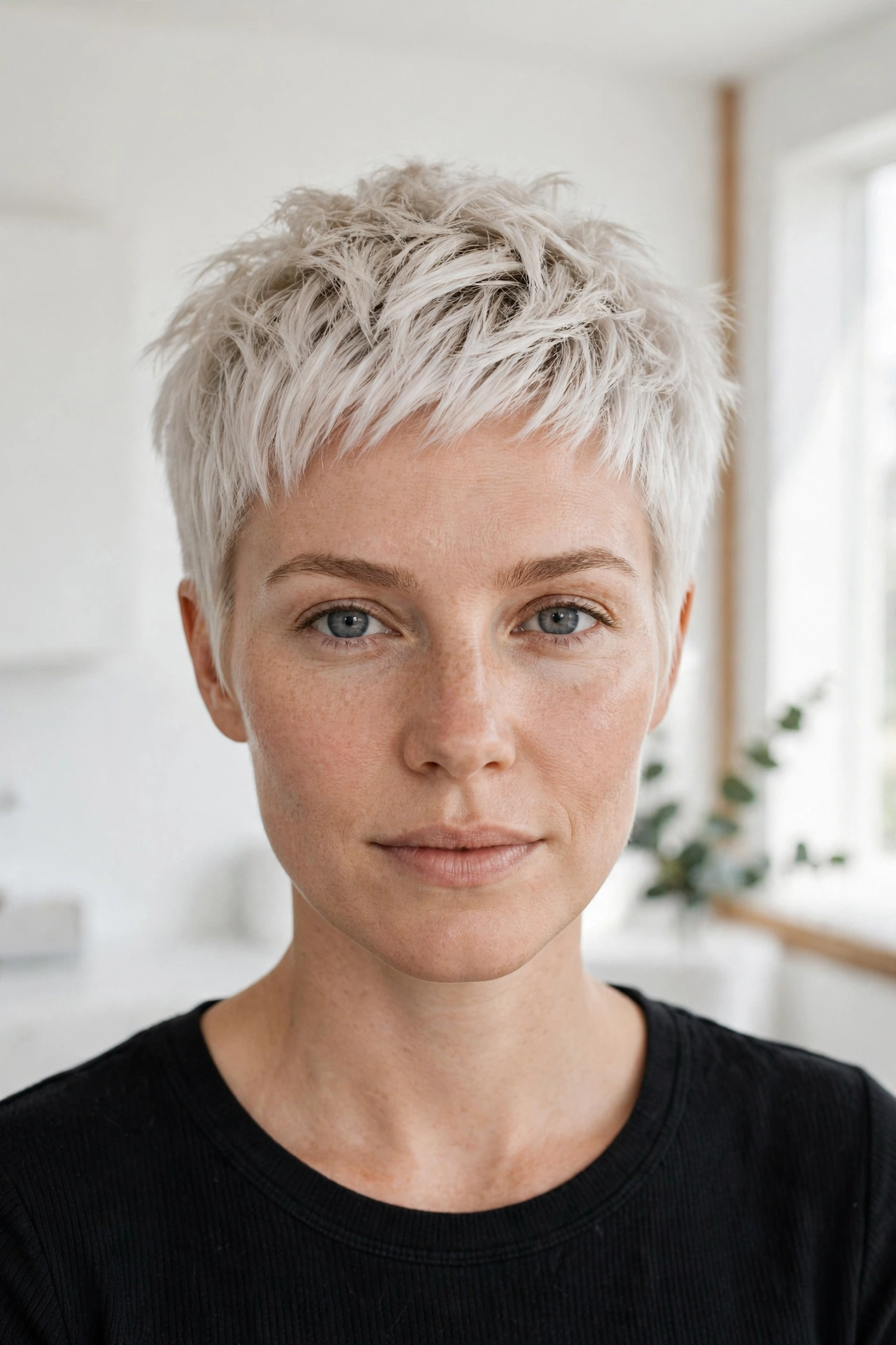 A woman with a platinum pixie cut, textured and piecey, photographed in a modern, bright room with white walls, shown from the shoulders up with the bold short shape clearly visible.