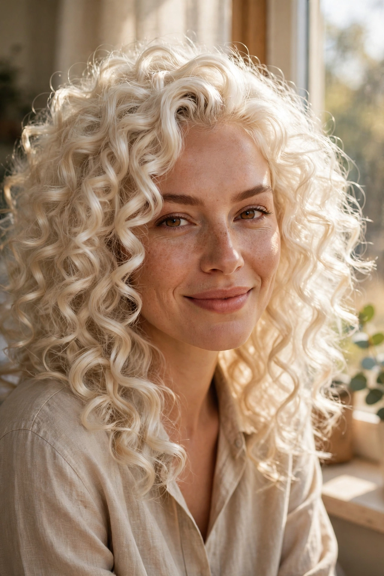 A woman with platinum curly hair, defined and bouncy, smiling gently while seated by a sunny window, photographed chest-up in warm natural light that highlights the luminous curls.