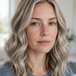 A woman with medium-length ash blonde hair in soft, loose waves, photographed in a bright, modern room with pale walls and gentle daylight, shown from the shoulders up so the cool, muted tone is clearly visible, wearing a simple muted blue top.