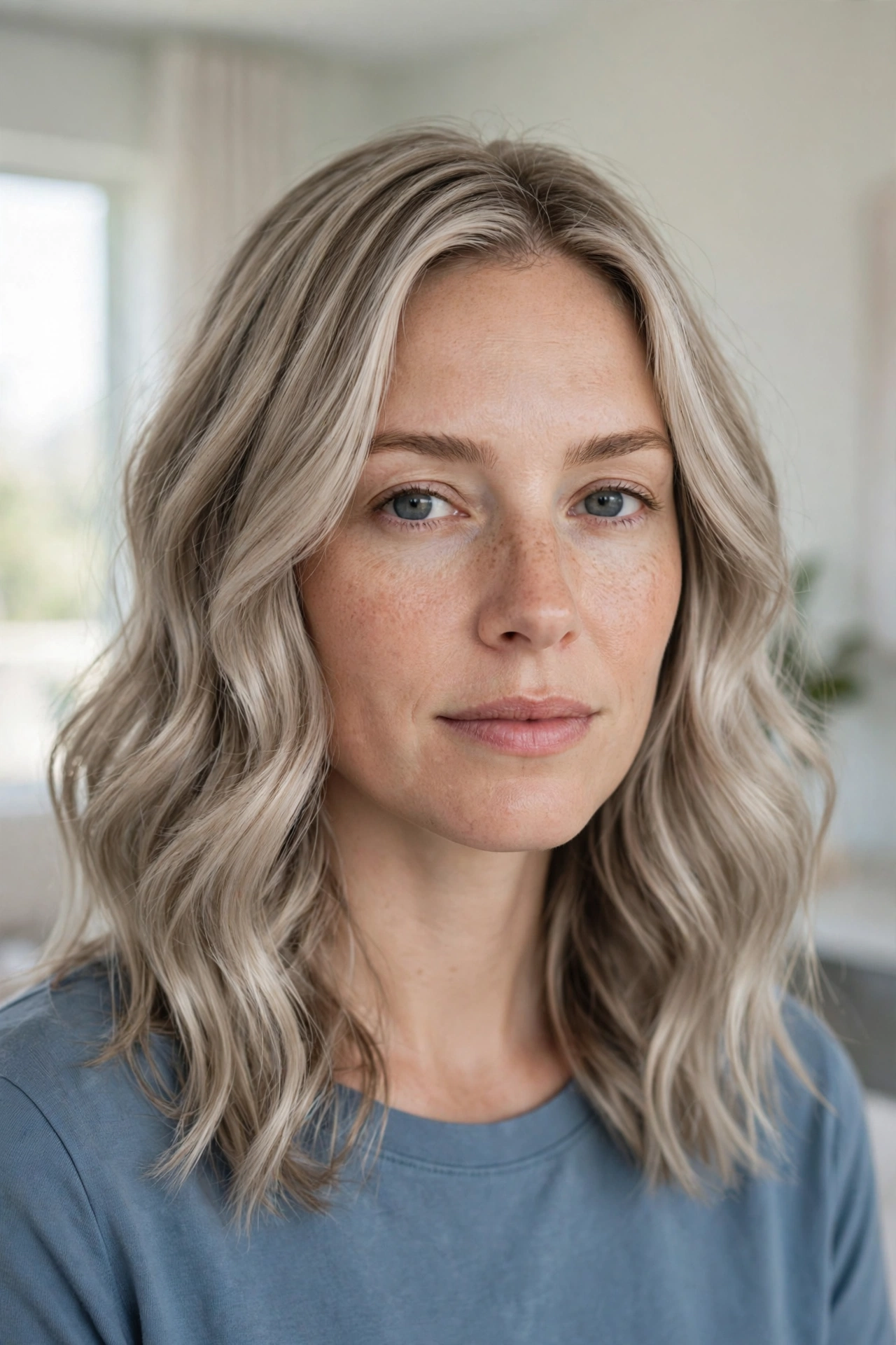 A woman with medium-length ash blonde hair in soft, loose waves, photographed in a bright, modern room with pale walls and gentle daylight, shown from the shoulders up so the cool, muted tone is clearly visible, wearing a simple muted blue top.