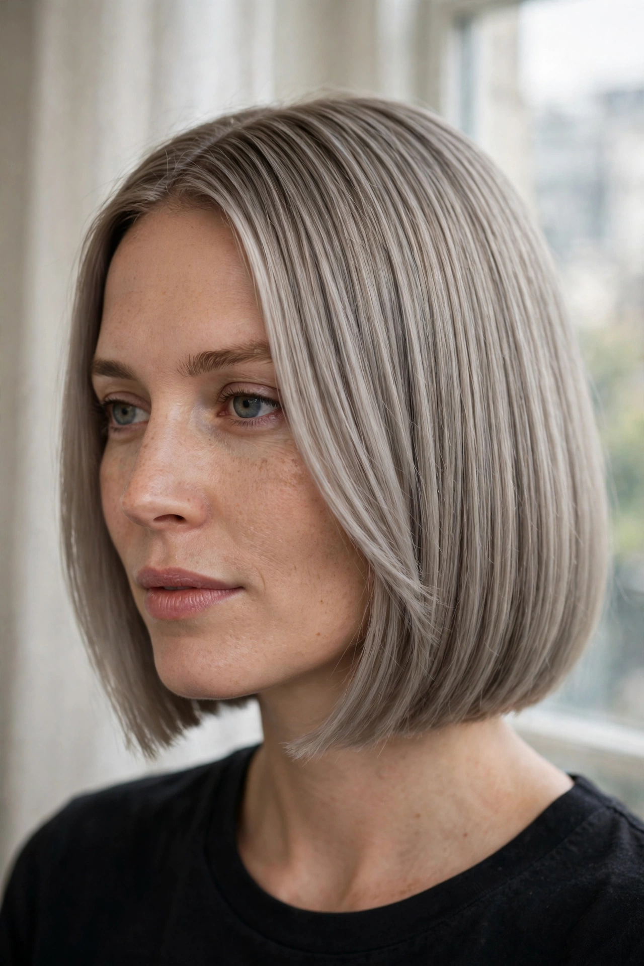 Close-up of a woman with a sleek ash blonde bob, smooth and blunt-ended, photographed indoors near a window in soft, diffused daylight, with the smoky cool colour in focus.