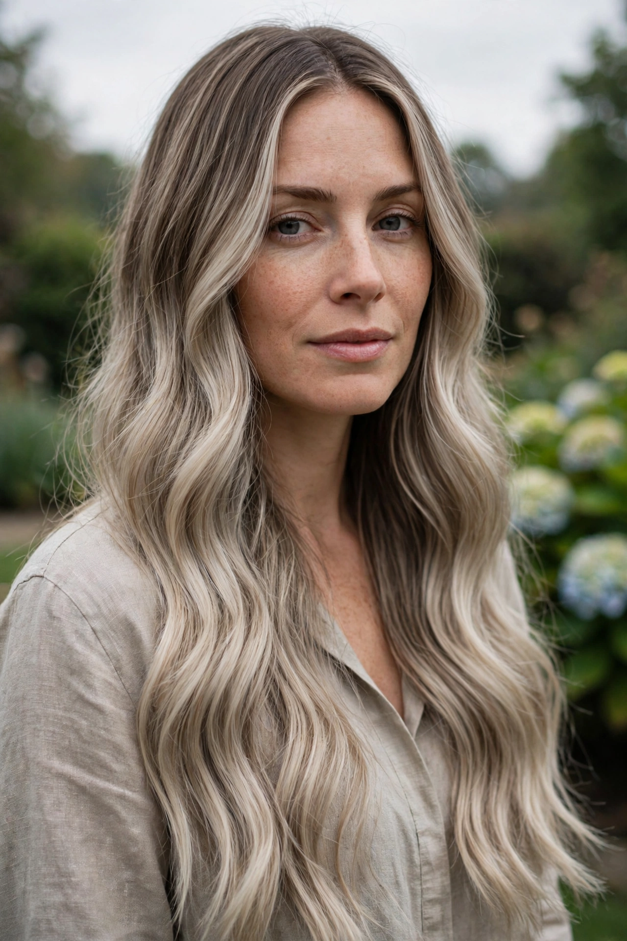 A woman with long ash blonde balayage waves, photographed outdoors in gentle overcast light with a blurred garden background, showing the cool dimensional blend from roots to ends.