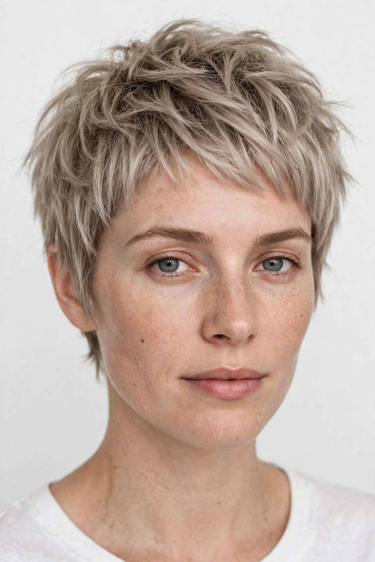 A woman with a textured ash blonde pixie cut, photographed in a bright studio with a plain light background, shown from the shoulders up with the piecey short shape clearly visible.
