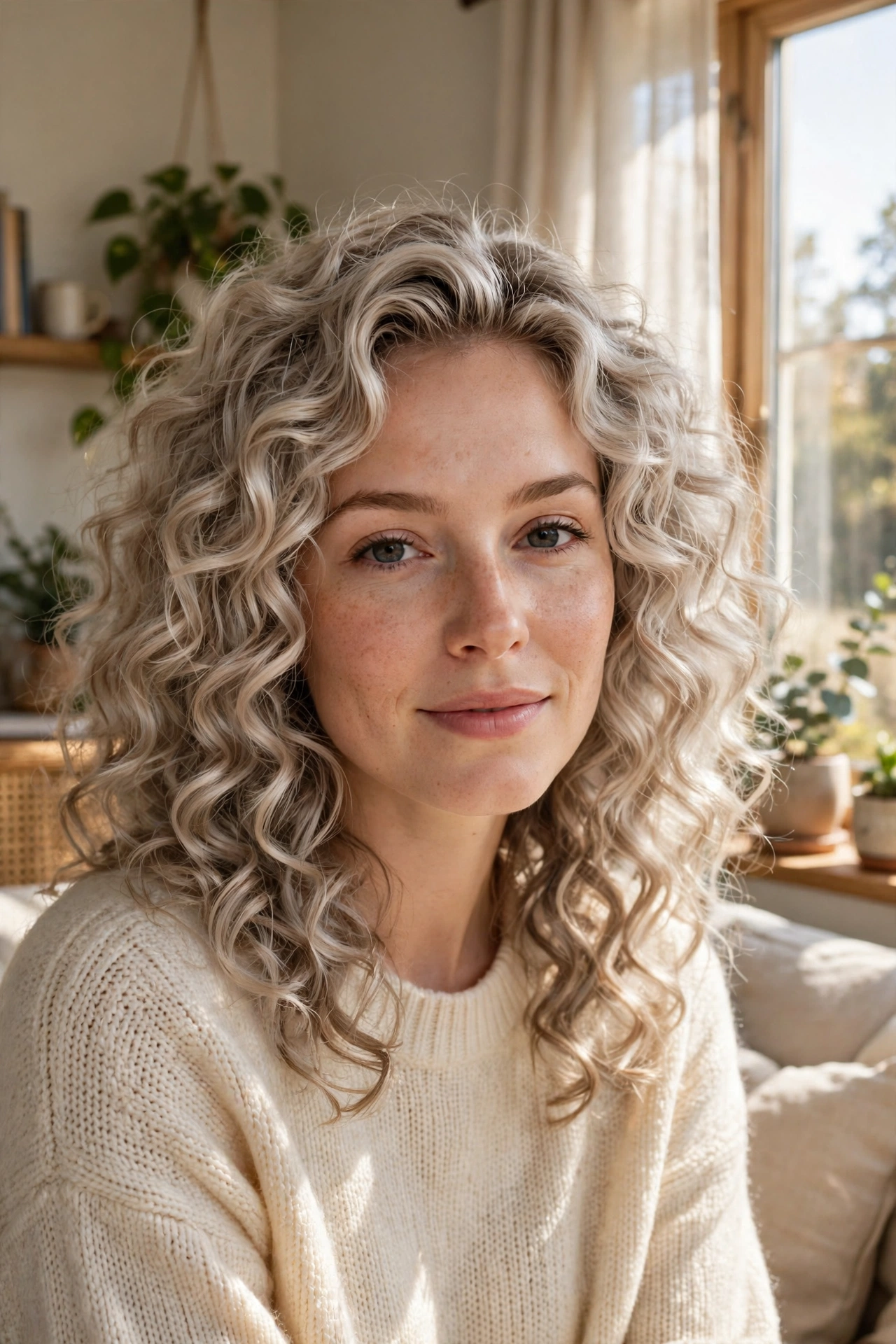 A woman with ash blonde curls, soft and defined, photographed by a sunny window in a cozy living room, chest-up, with natural light highlighting the cool dimension of the curls.