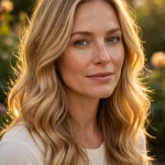A woman with long honey blonde hair in loose, glowing waves, photographed outdoors in warm golden-hour light with a softly blurred garden background, shown from the shoulders up so the warm golden tone is clearly visible, wearing a simple cream top.
