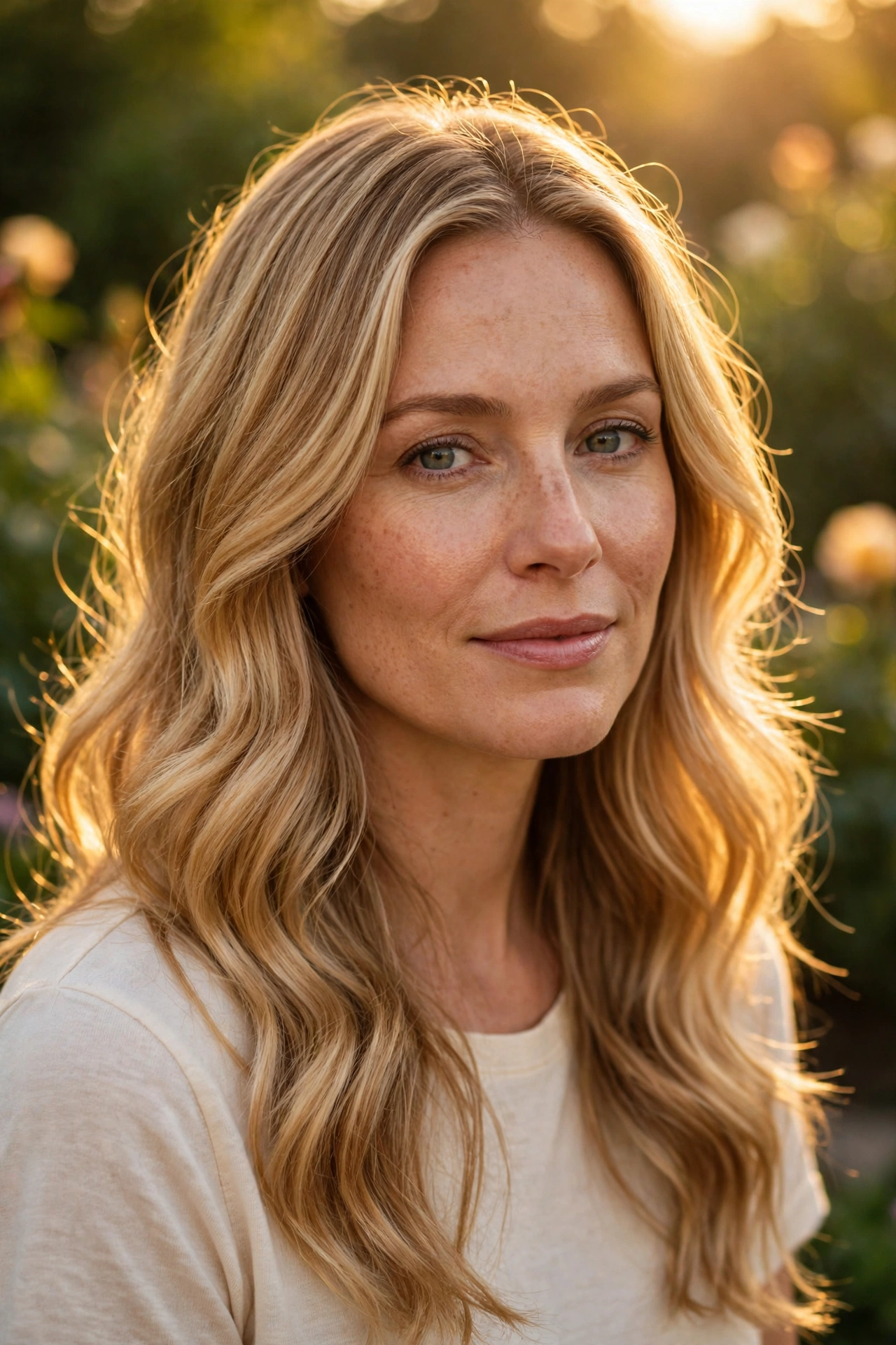 A woman with long honey blonde hair in loose, glowing waves, photographed outdoors in warm golden-hour light with a softly blurred garden background, shown from the shoulders up so the warm golden tone is clearly visible, wearing a simple cream top.