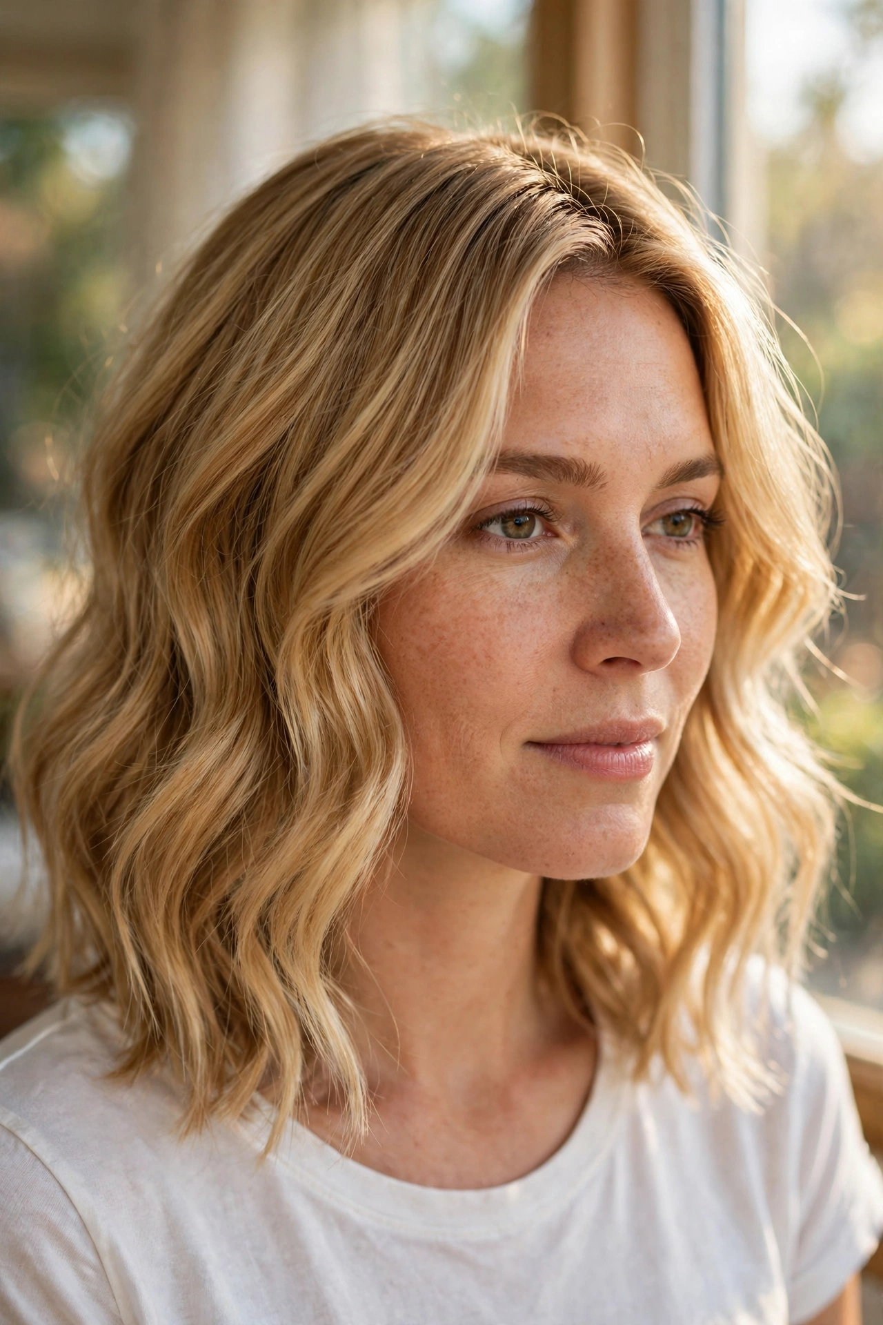 Close-up of a woman with a honey blonde lob in soft waves, photographed indoors in bright daylight near a window, with the warm golden colour in sharp focus.