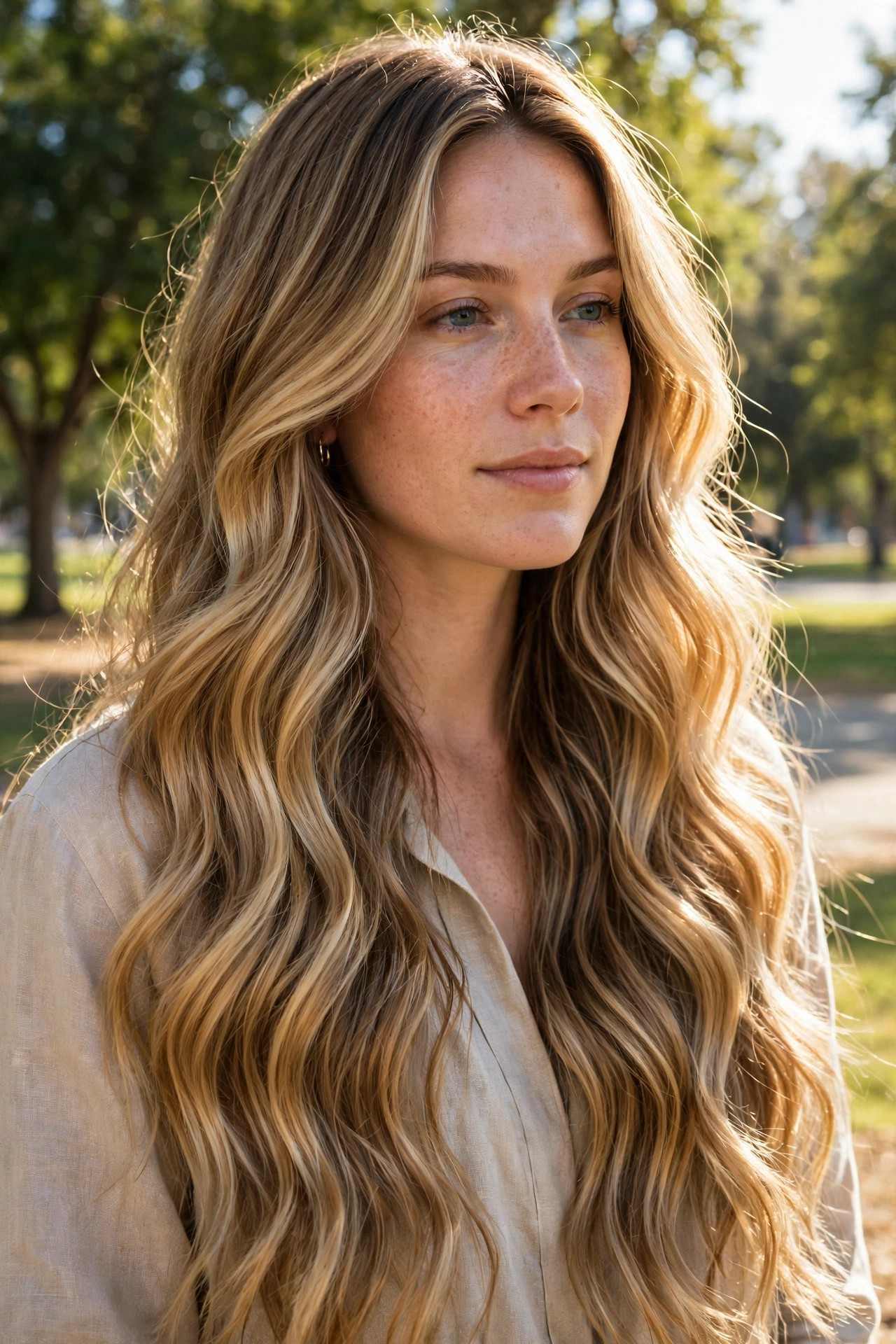 A woman with honey blonde balayage hair, long and wavy, photographed outdoors on a sunny day with a blurred park background, showing the sunlit dimensional blend.