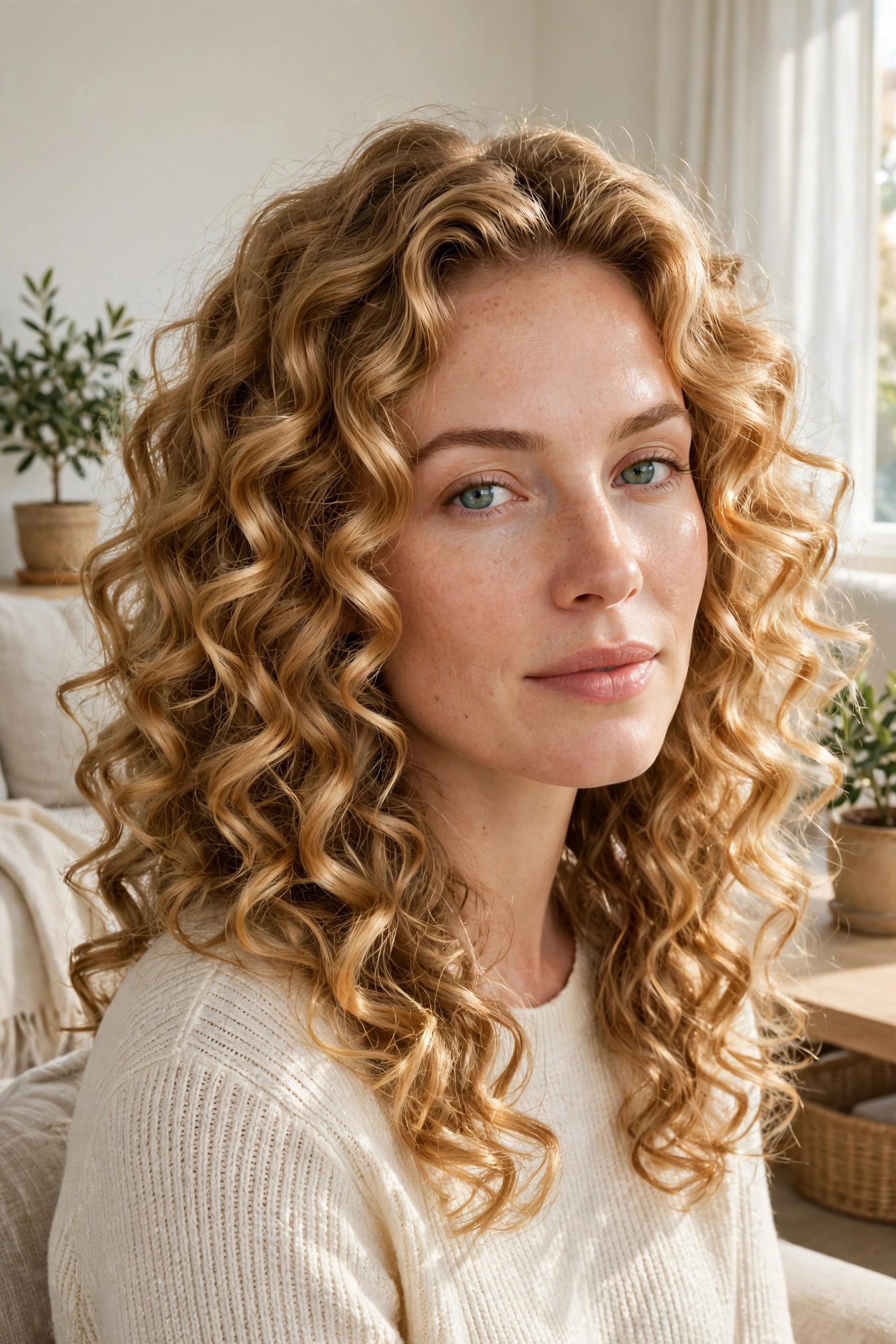 A woman with honey blonde curls, defined and shiny, photographed in a bright living room with light furniture, chest-up, with natural light highlighting the golden curls.