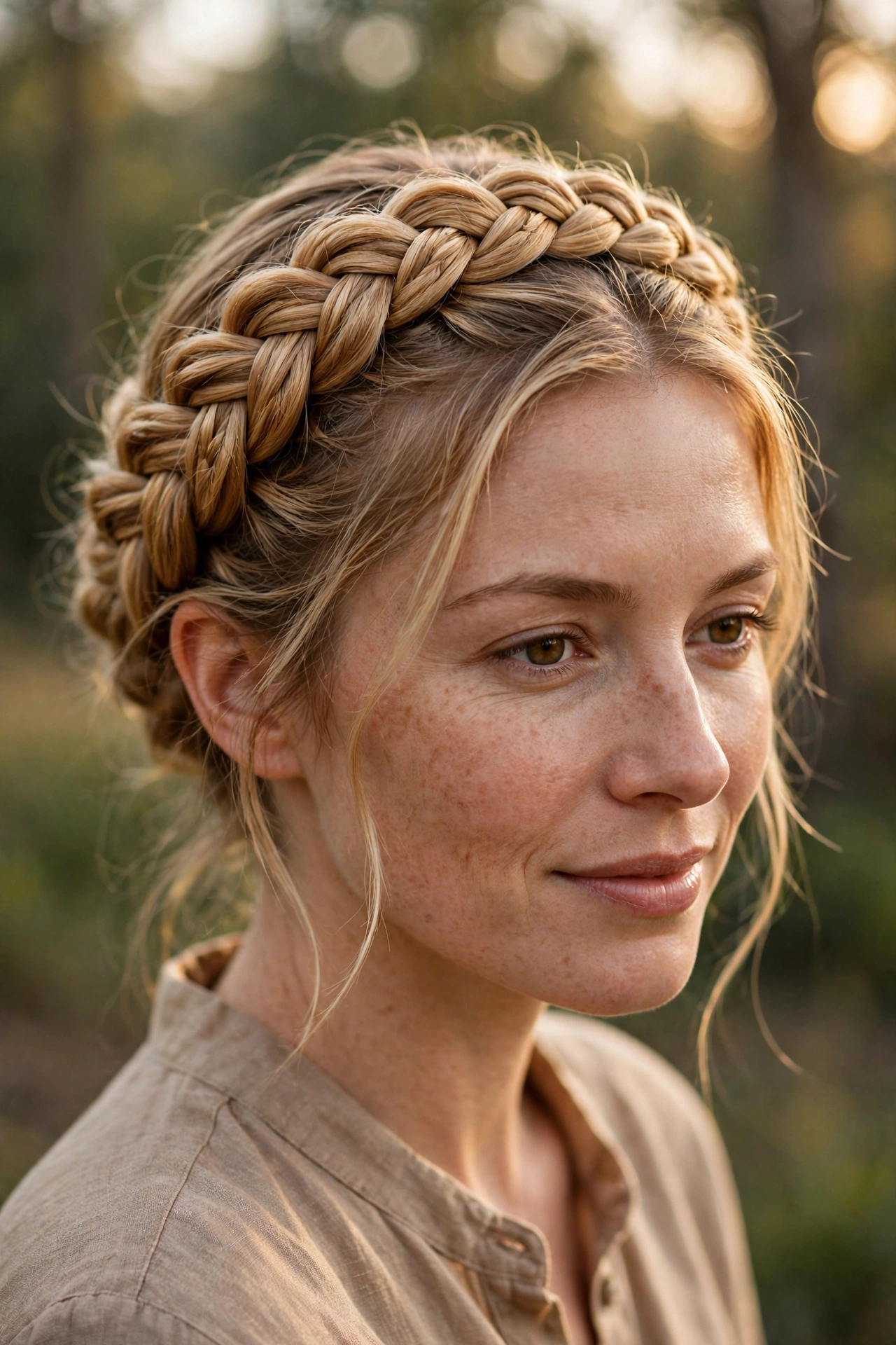 A woman with a honey blonde braided crown hairstyle, photographed outdoors in soft afternoon light with trees blurred behind her, shown from the shoulders up with the warm woven detail clearly visible.