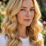 A woman with long golden blonde hair in bright, shiny waves, photographed outdoors in sunlight with a softly blurred garden background, shown from the shoulders up so the sunlit golden colour glows clearly, wearing a simple white top.