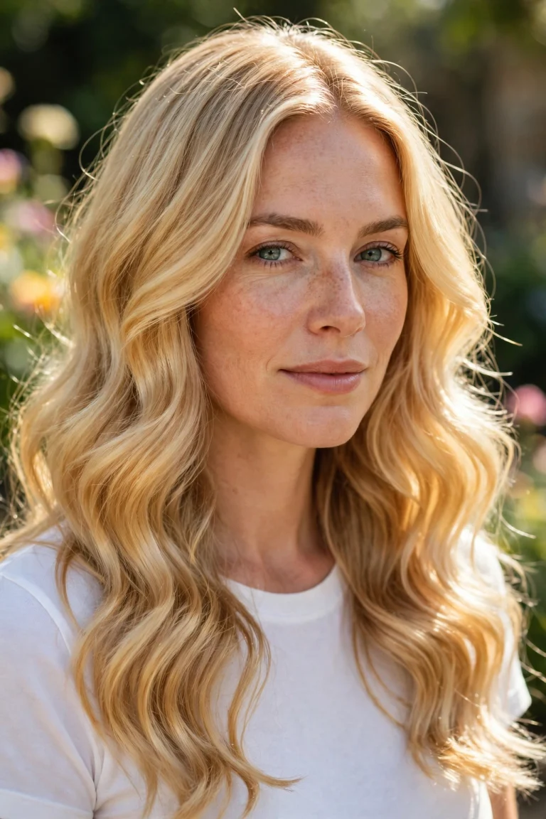 A woman with long golden blonde hair in bright, shiny waves, photographed outdoors in sunlight with a softly blurred garden background, shown from the shoulders up so the sunlit golden colour glows clearly, wearing a simple white top.