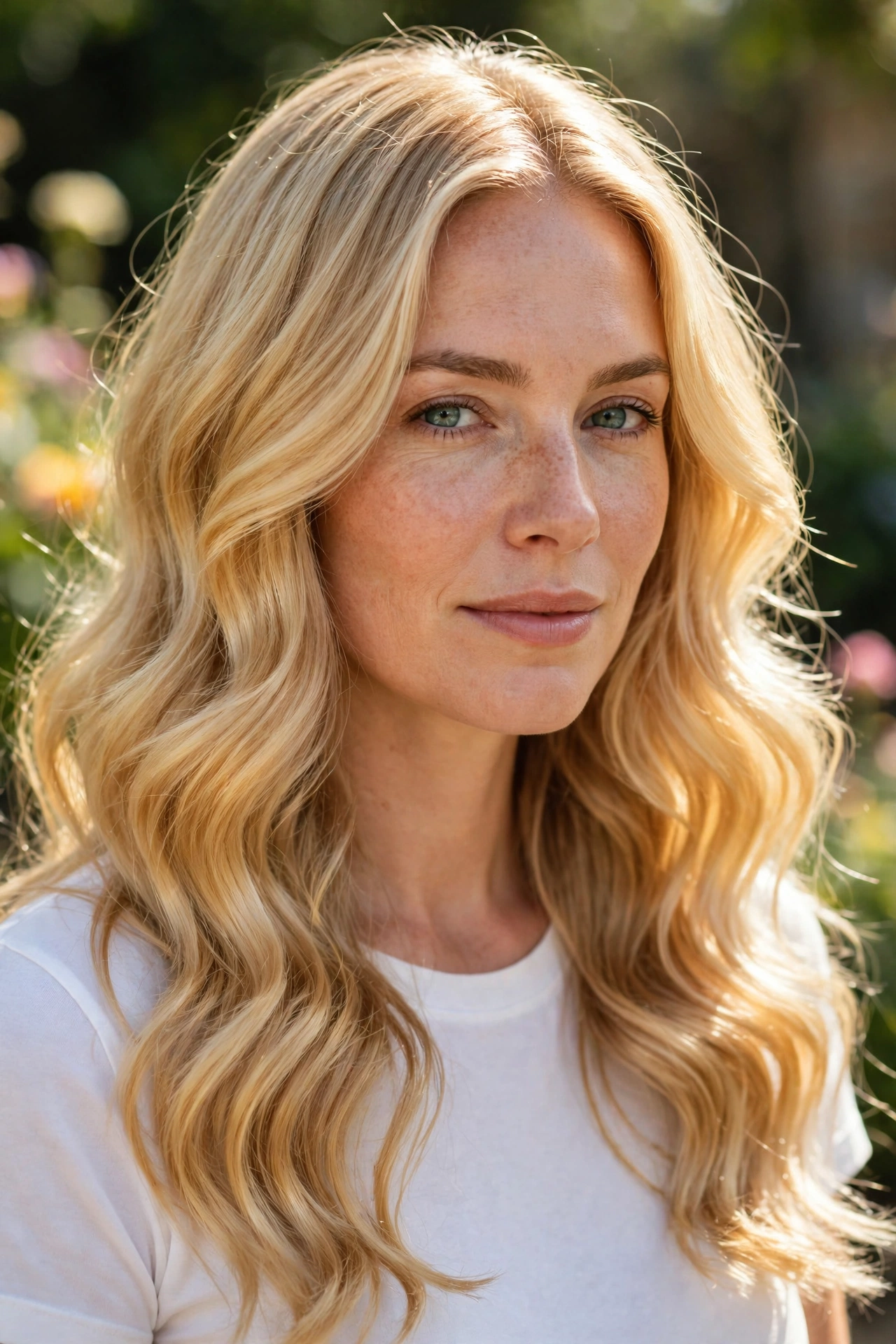 A woman with long golden blonde hair in bright, shiny waves, photographed outdoors in sunlight with a softly blurred garden background, shown from the shoulders up so the sunlit golden colour glows clearly, wearing a simple white top.