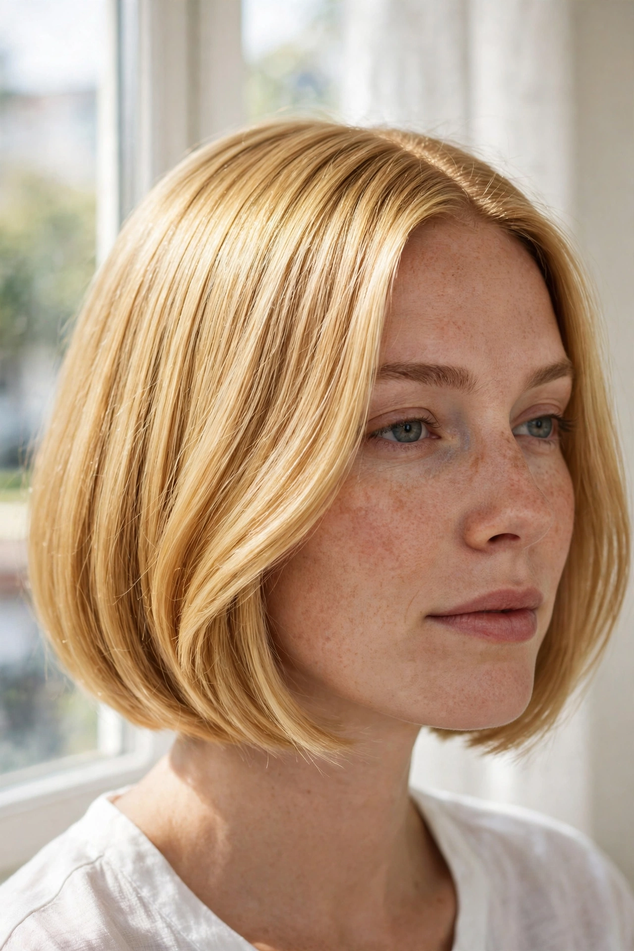 Close-up of a woman with a golden blonde bob, smooth and shiny, photographed indoors in bright daylight near a window, with the radiant colour in focus.