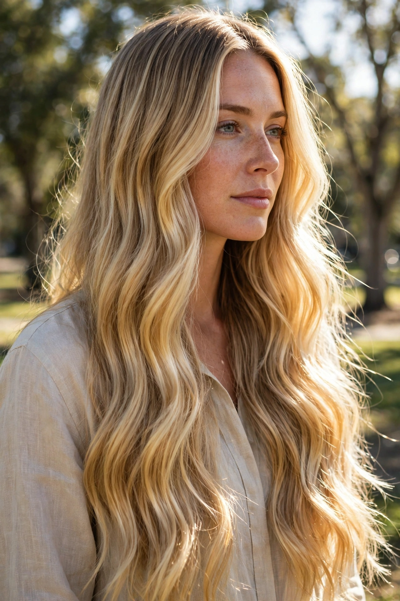 A woman with golden blonde balayage waves, long and luminous, photographed outdoors on a sunny day with trees blurred behind her, showing the bright sunlit ends.