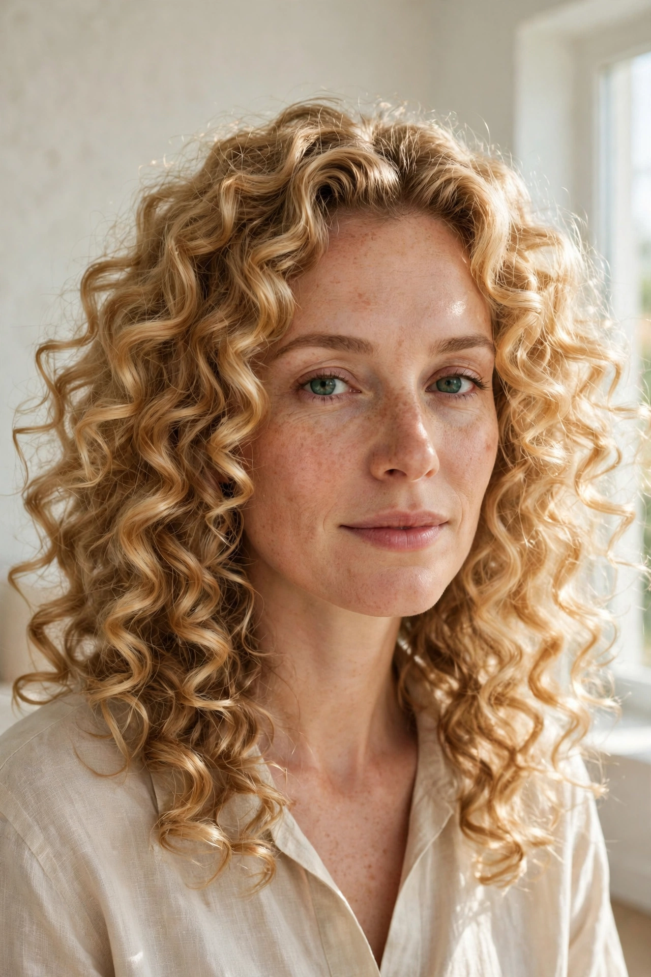 A woman with golden blonde curls, soft and voluminous, photographed in a bright room with pale walls, chest-up, with natural light highlighting the radiant curls.