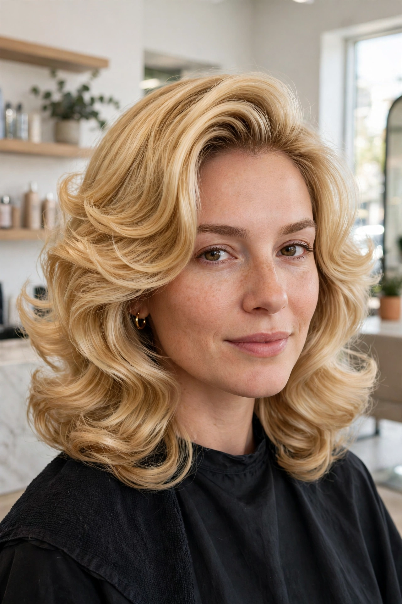 A woman with a golden blonde bouncy blowout on a lob, photographed in a modern bright salon-like room, shown from the shoulders up with the shiny, voluminous style clearly visible.
