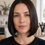 A woman with a sleek, blunt jaw-length bob with mirror-shine dark brown hair, photographed front-facing in a bright salon with soft neutral walls, wearing a simple black top, the sharp straight ends clearly in focus.