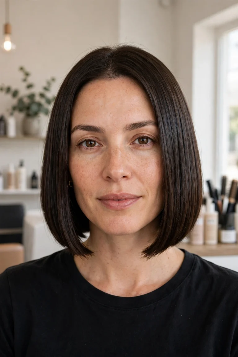 A woman with a sleek, blunt jaw-length bob with mirror-shine dark brown hair, photographed front-facing in a bright salon with soft neutral walls, wearing a simple black top, the sharp straight ends clearly in focus.