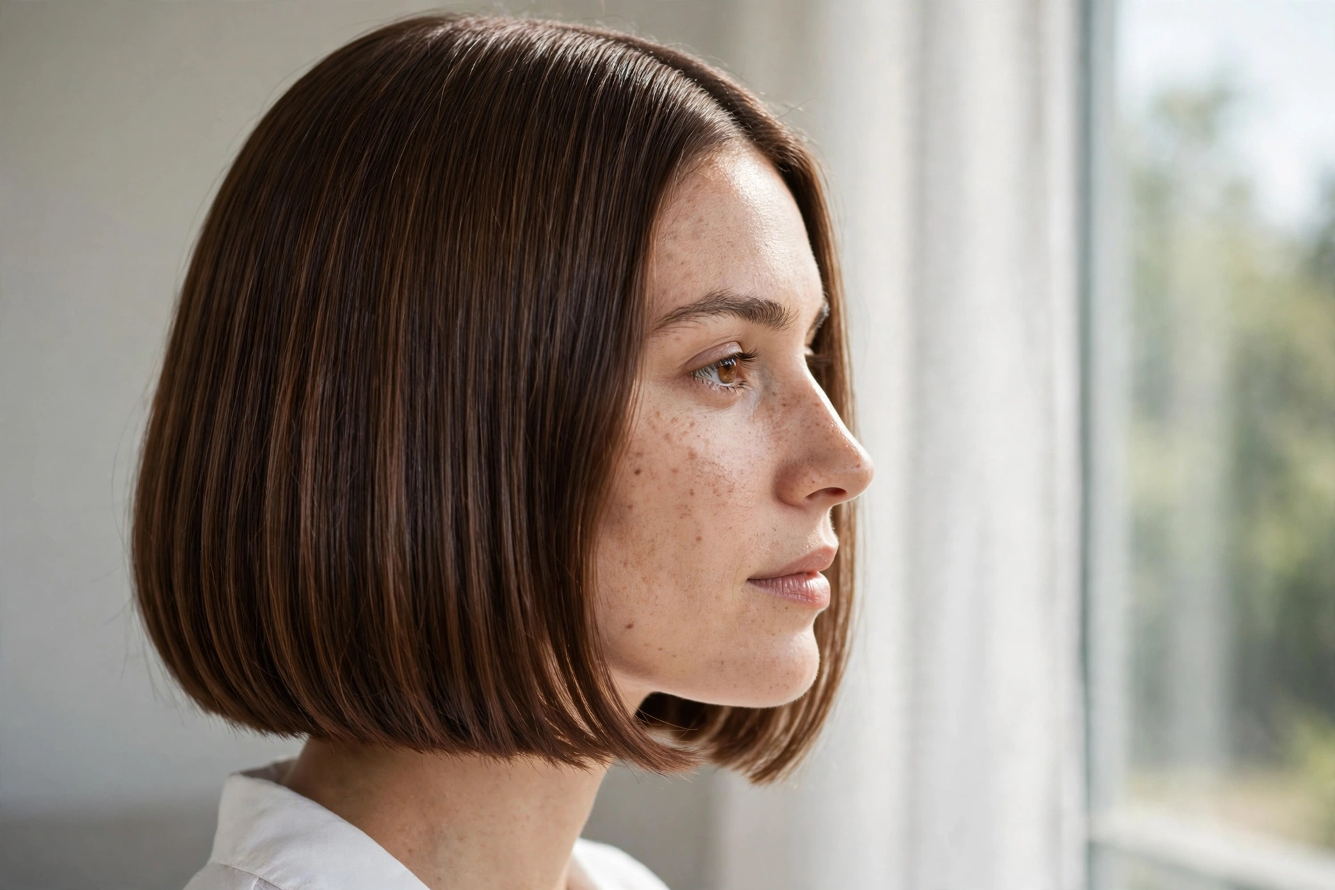 Close-up side view of a woman with a centre-parted blunt bob at the chin, glossy chestnut hair, in soft daylight by a large window.