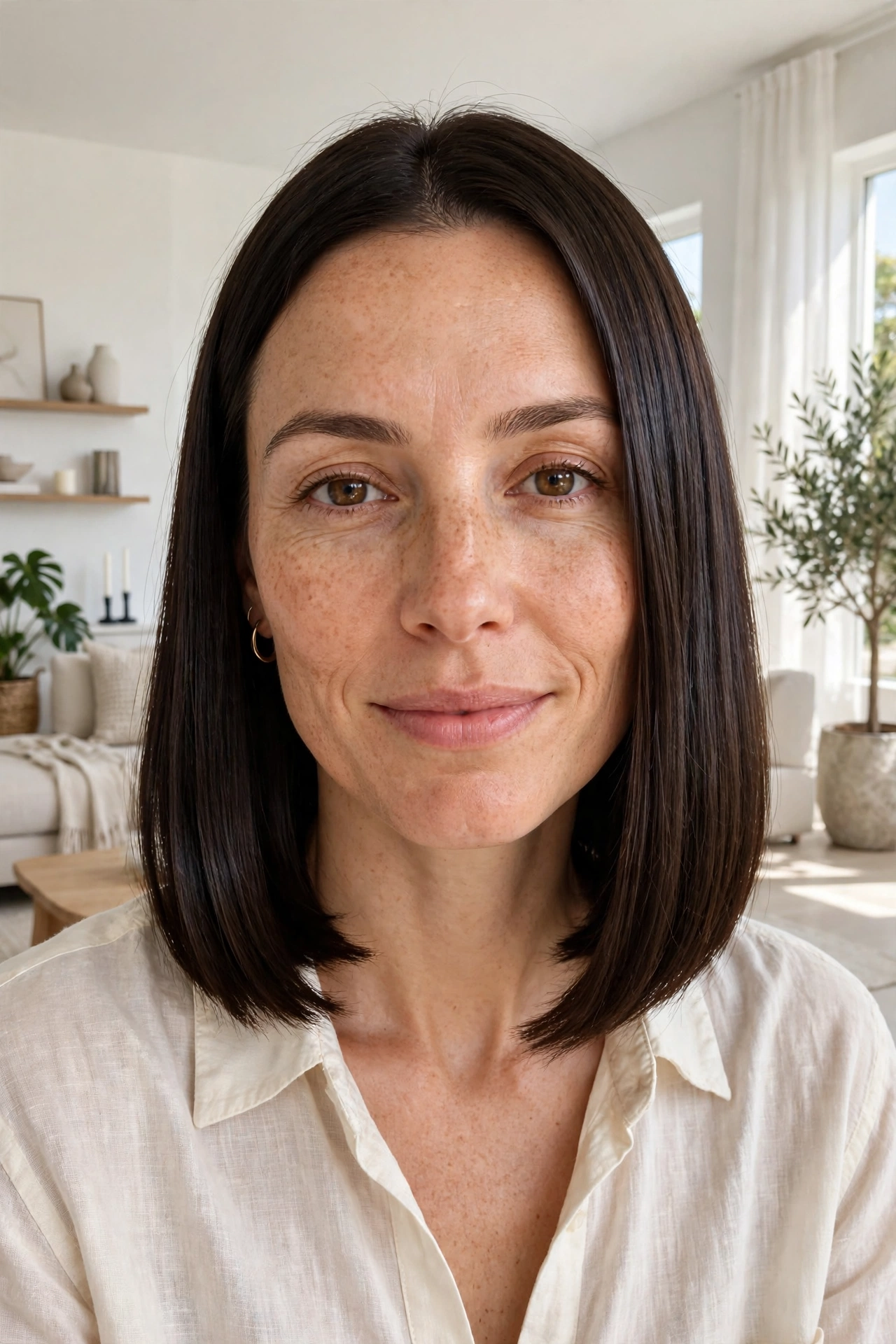 A woman with a collarbone-length blunt bob with glassy ends, standing in a bright modern living room, shown from the shoulders up.
