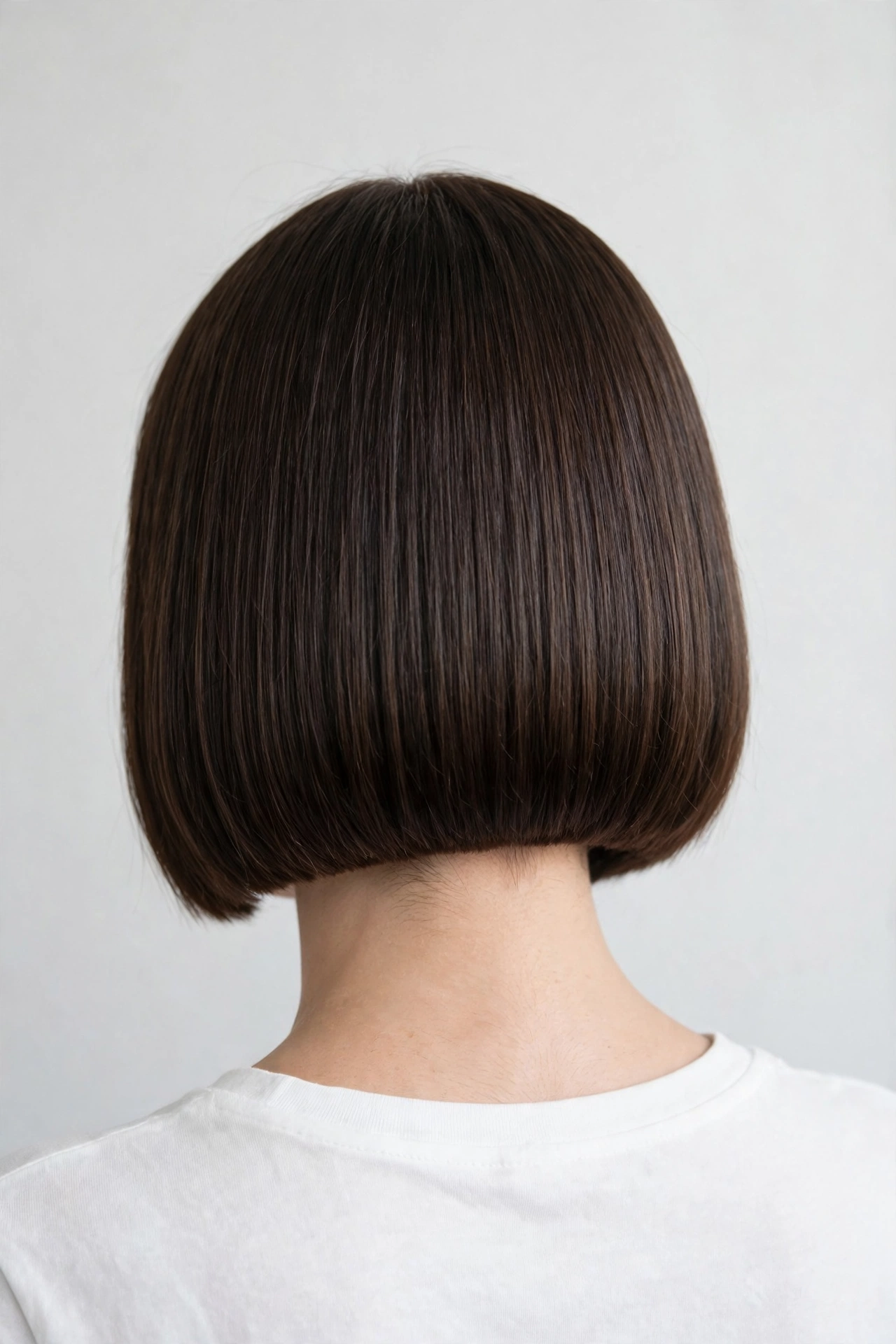 Back view of a woman with a one-length blunt bob and a straight-across nape line, photographed in a bright studio with a plain light background.