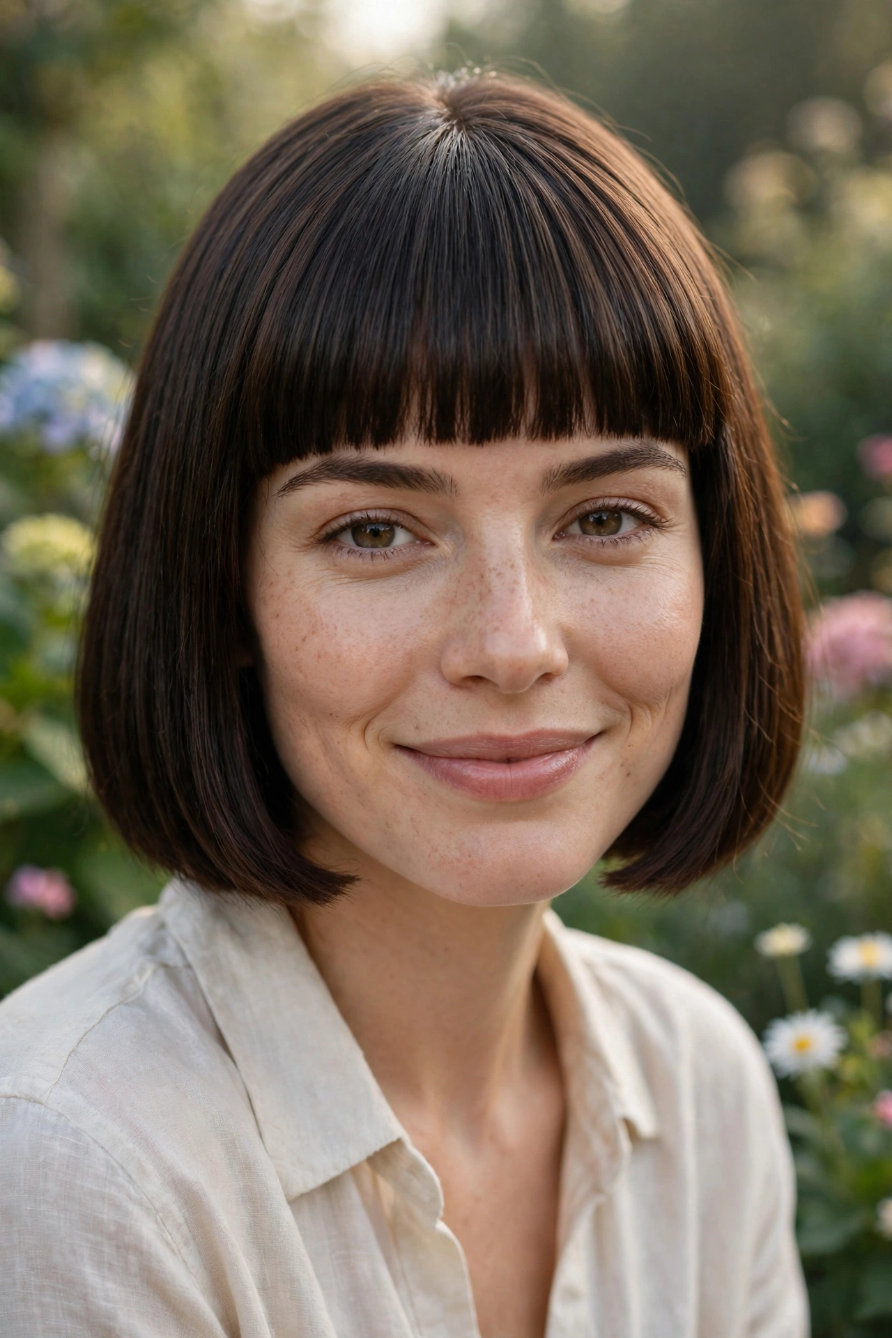 A woman with a blunt bob and a full straight fringe, smiling softly at the camera outdoors in gentle morning light with a blurred garden behind her.