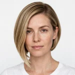 A woman with an angled bob, longer at the front and shorter at the back, with smooth dark blonde hair, photographed front-facing in a bright studio with a plain light background.