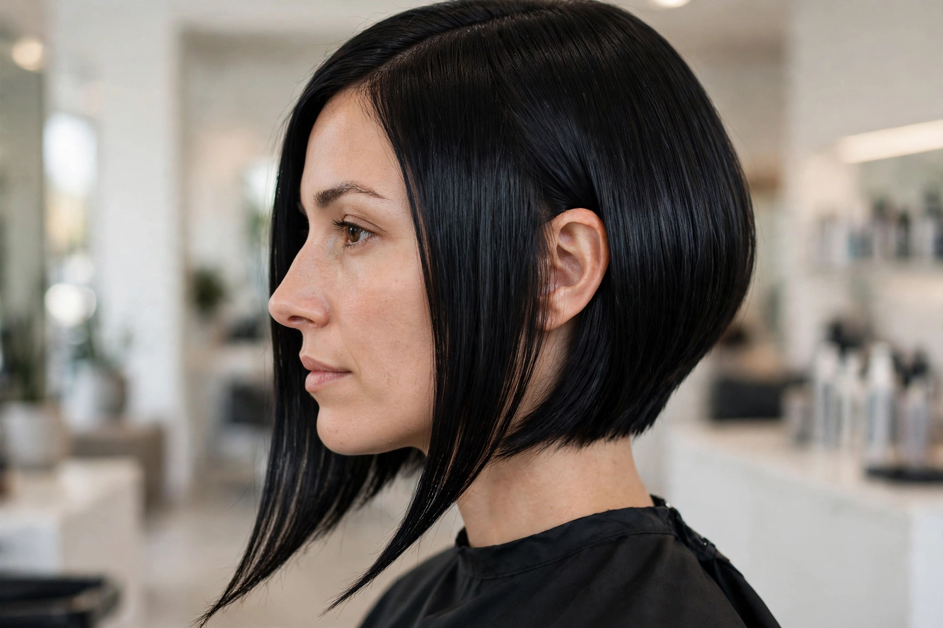 Side view of a woman with a dramatic angled bob with long front points, sleek black hair, in soft salon lighting.