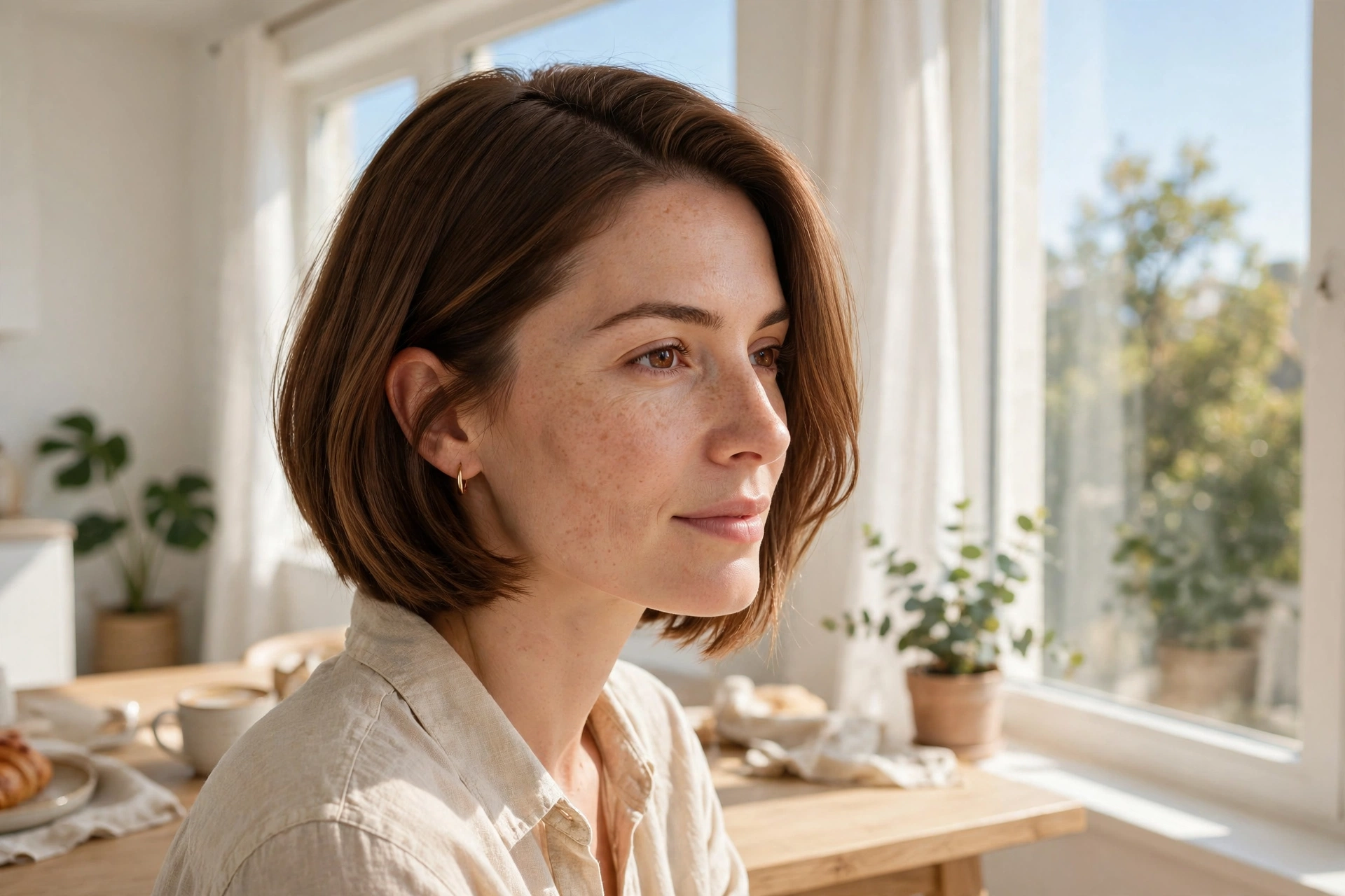 A woman with a soft angled bob and a deep side part, warm brown hair, sitting by a sunny window in a bright room.