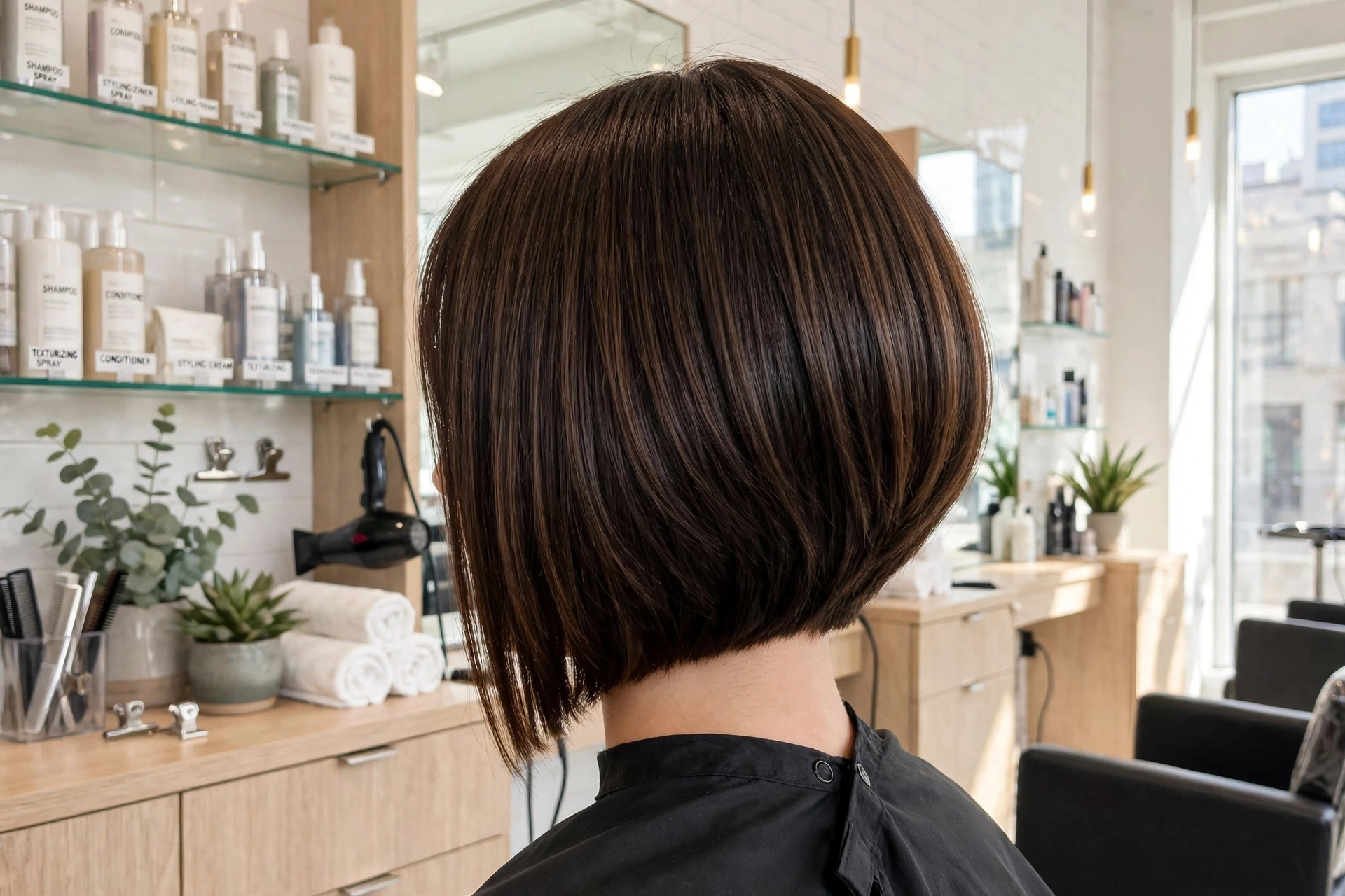 Back view of a woman with an angled bob showing the graduated slope from back to front, photographed in a bright salon.
