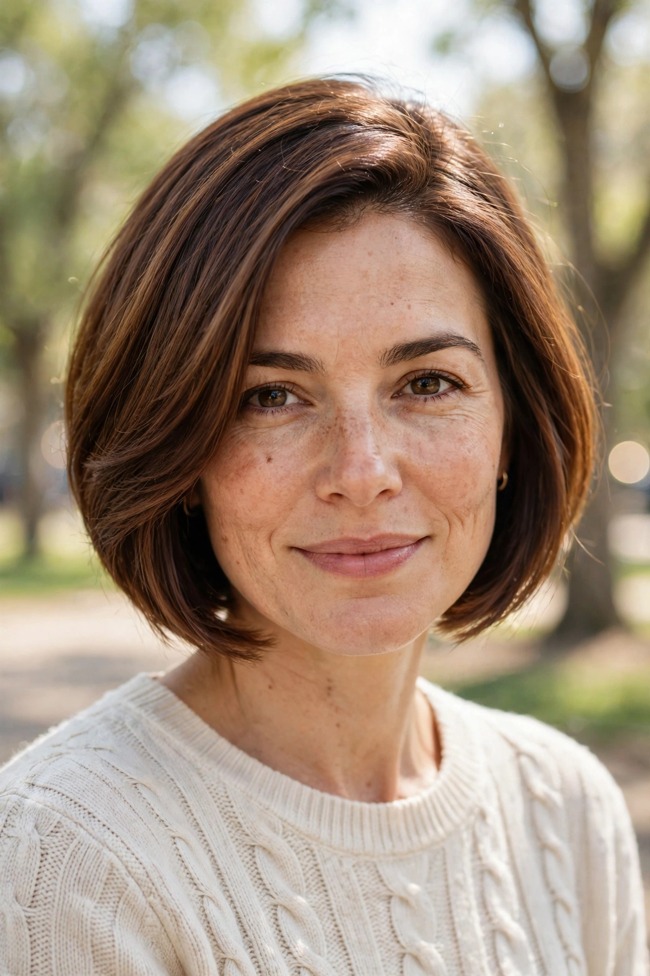 A woman with an angled bob and a polished blow-dry shape, chestnut hair, outdoors in gentle daylight with soft blurred trees behind her.