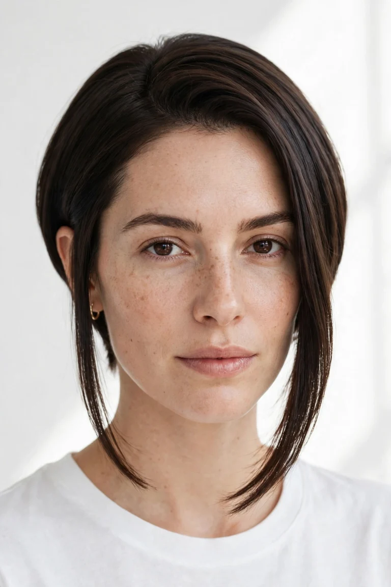 A woman with an inverted bob, short graduated back and long front pieces framing her face, smooth dark brown hair, photographed front-facing in a bright studio.