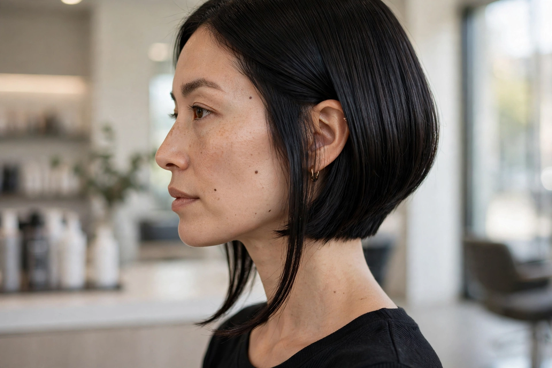 Side view of a woman with an inverted bob showing the longer front piece reaching the collarbone, glossy black hair, in soft salon light.