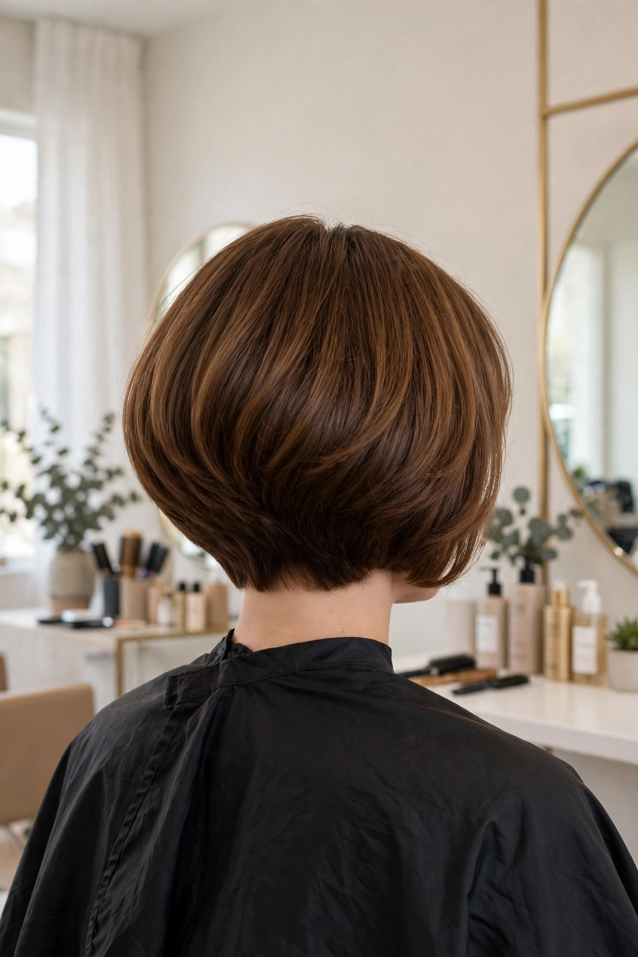 Back view of a woman with a rounded graduated inverted bob, warm brown hair, photographed in a bright salon with neutral walls.